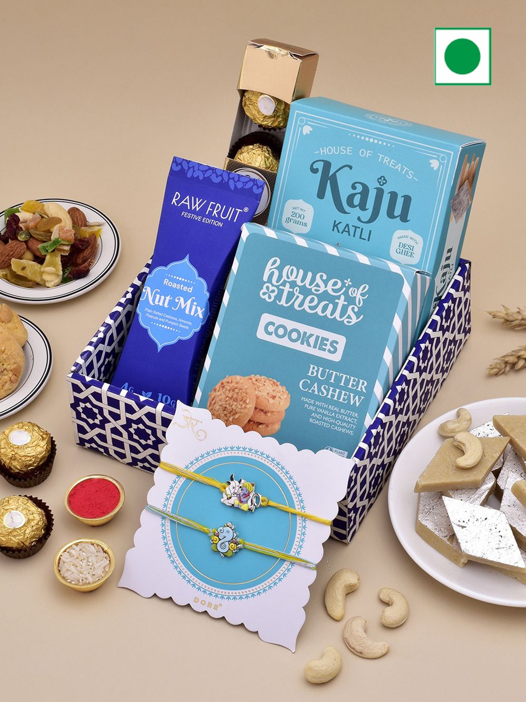 

RawFruit Set Of 4 Chocolate & Sweets with 2 Rakhi, Blue