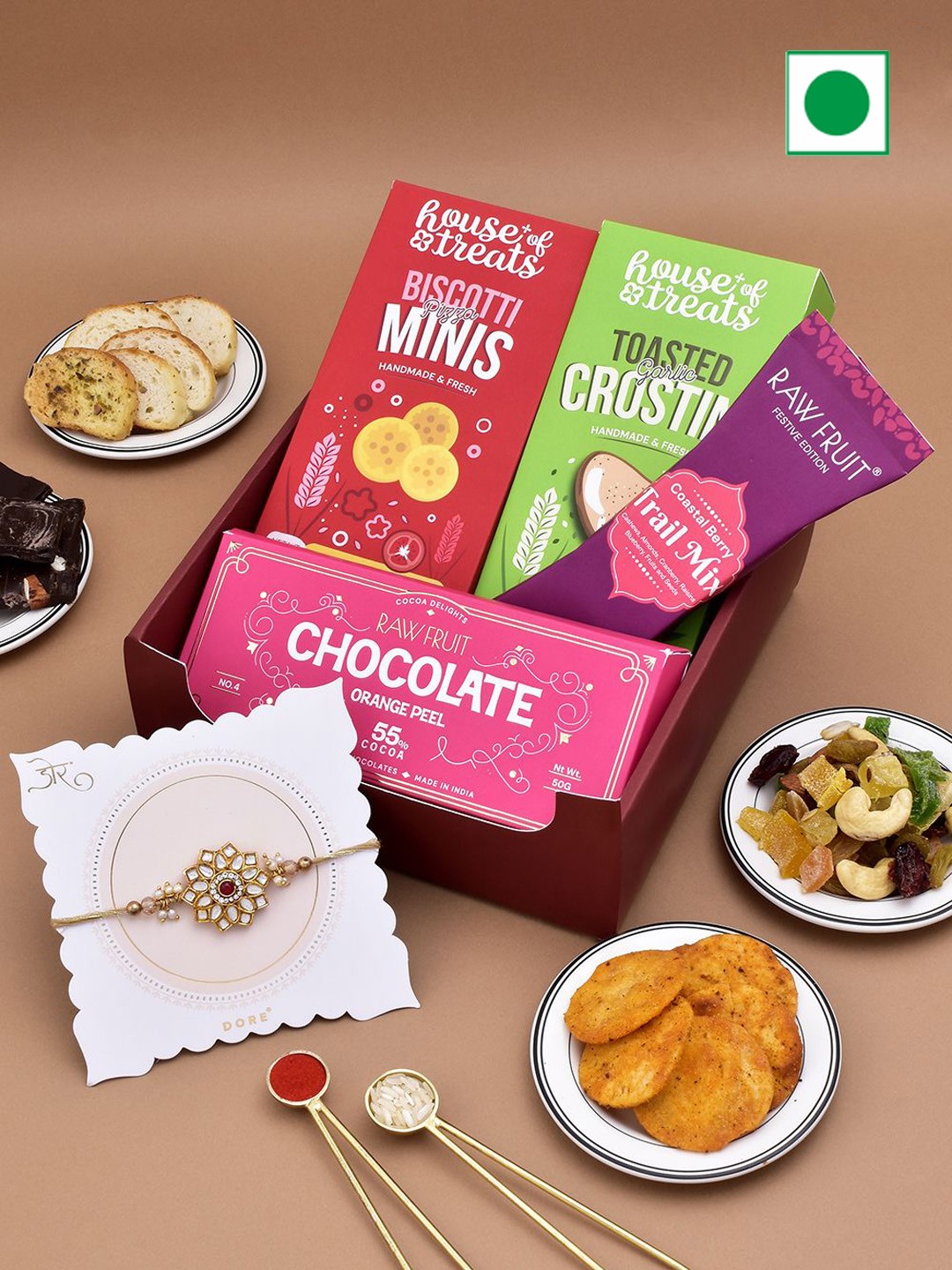 

RawFruit Rakhi Celebration Pack: Chocolate, Snacks, DryFruits with 1 Rakhi, Maroon