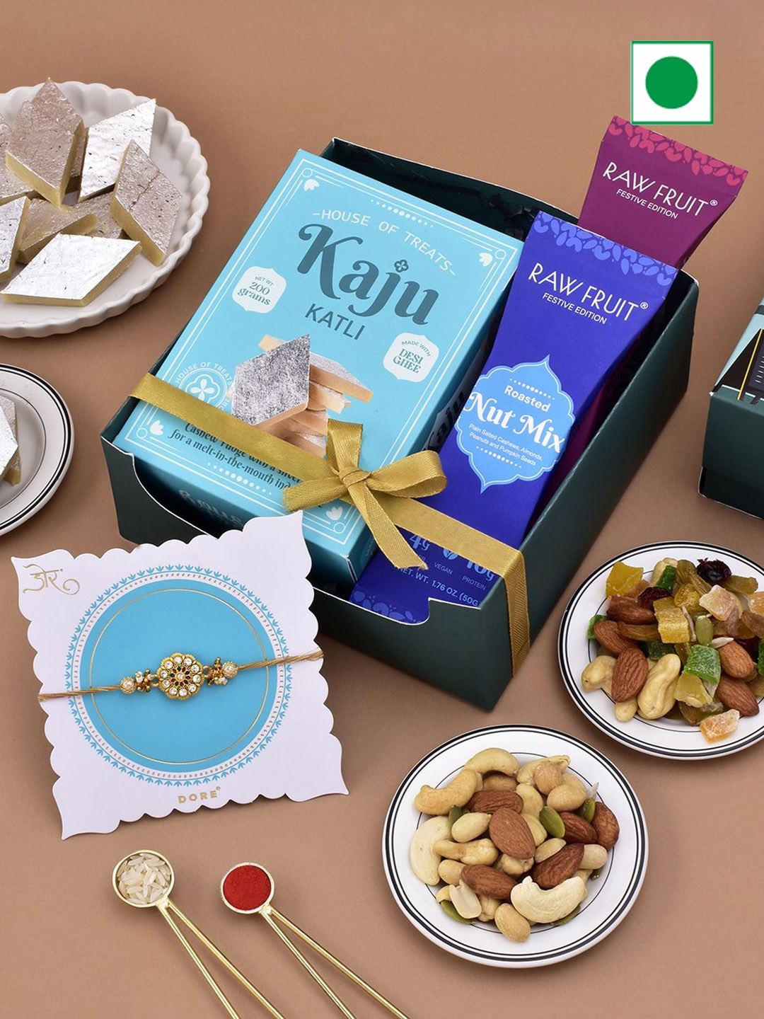 

RawFruit Set Of 3 Sweets & DryFruits with 1 Rakhi, Green