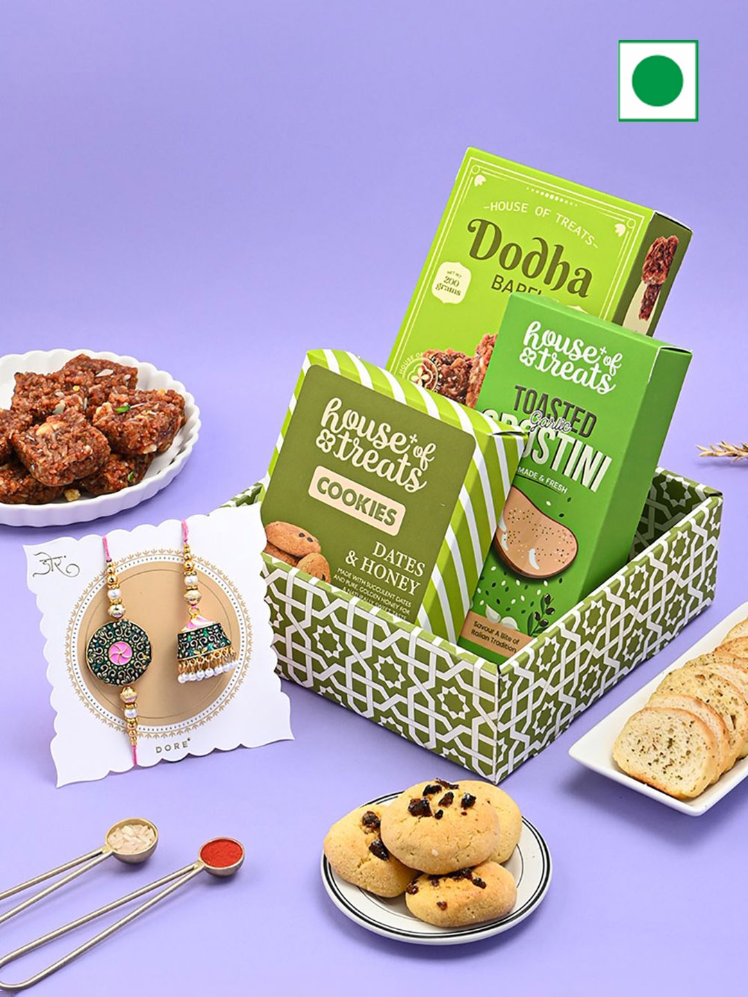 

RawFruit Set Of 6 Sweet & Treats Hamper with Bhaiya Bhabhi Rakhi Set, Green