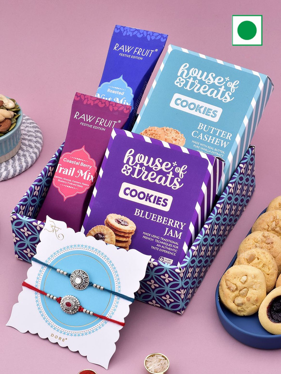 

RawFruit Rakhi Delight: Cookies & DryFruits with 2 Rakhi, Blue