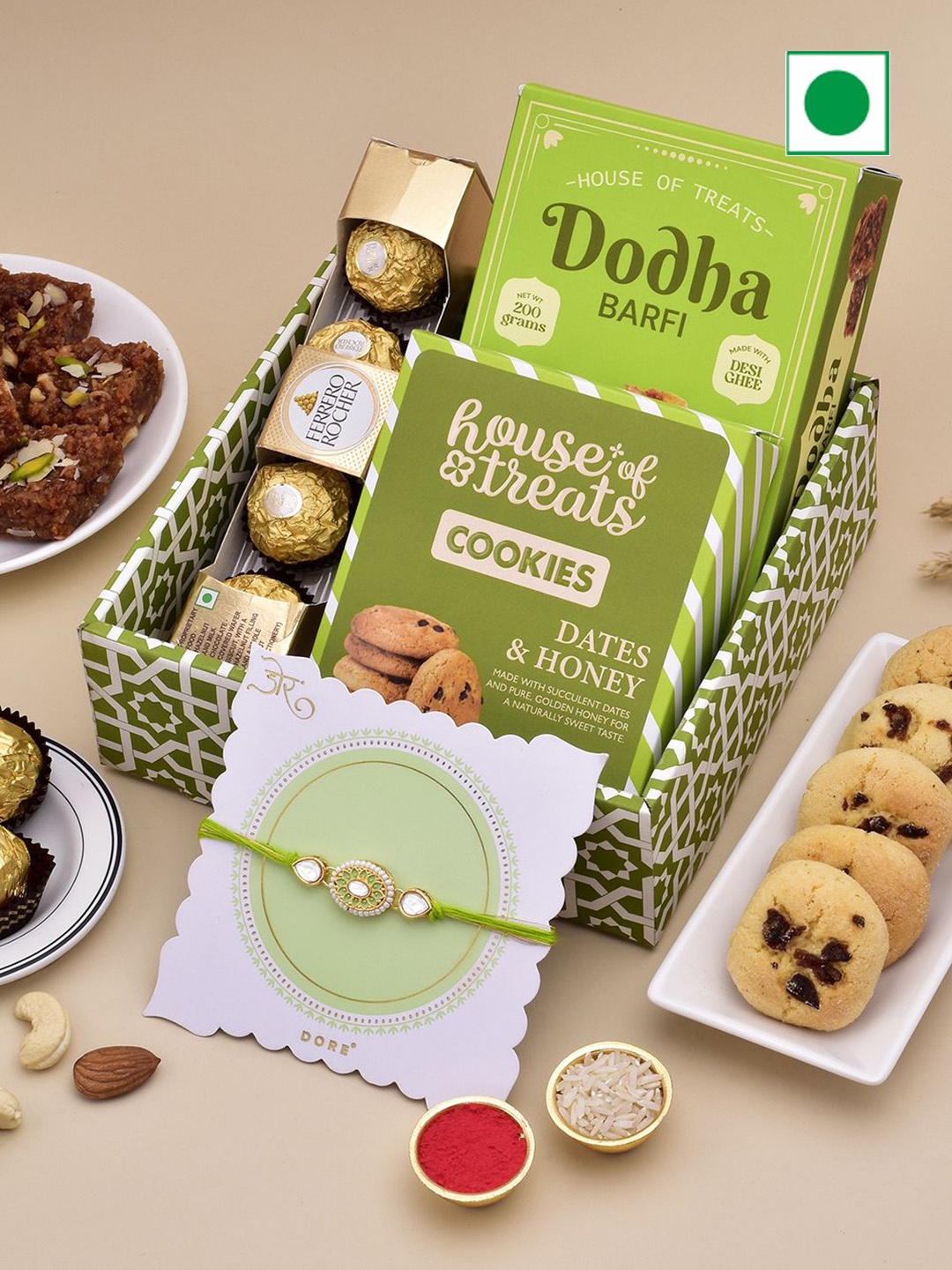 

RawFruit Set Of 3 Sweet & Chocolate with 1 Rakhi, Green
