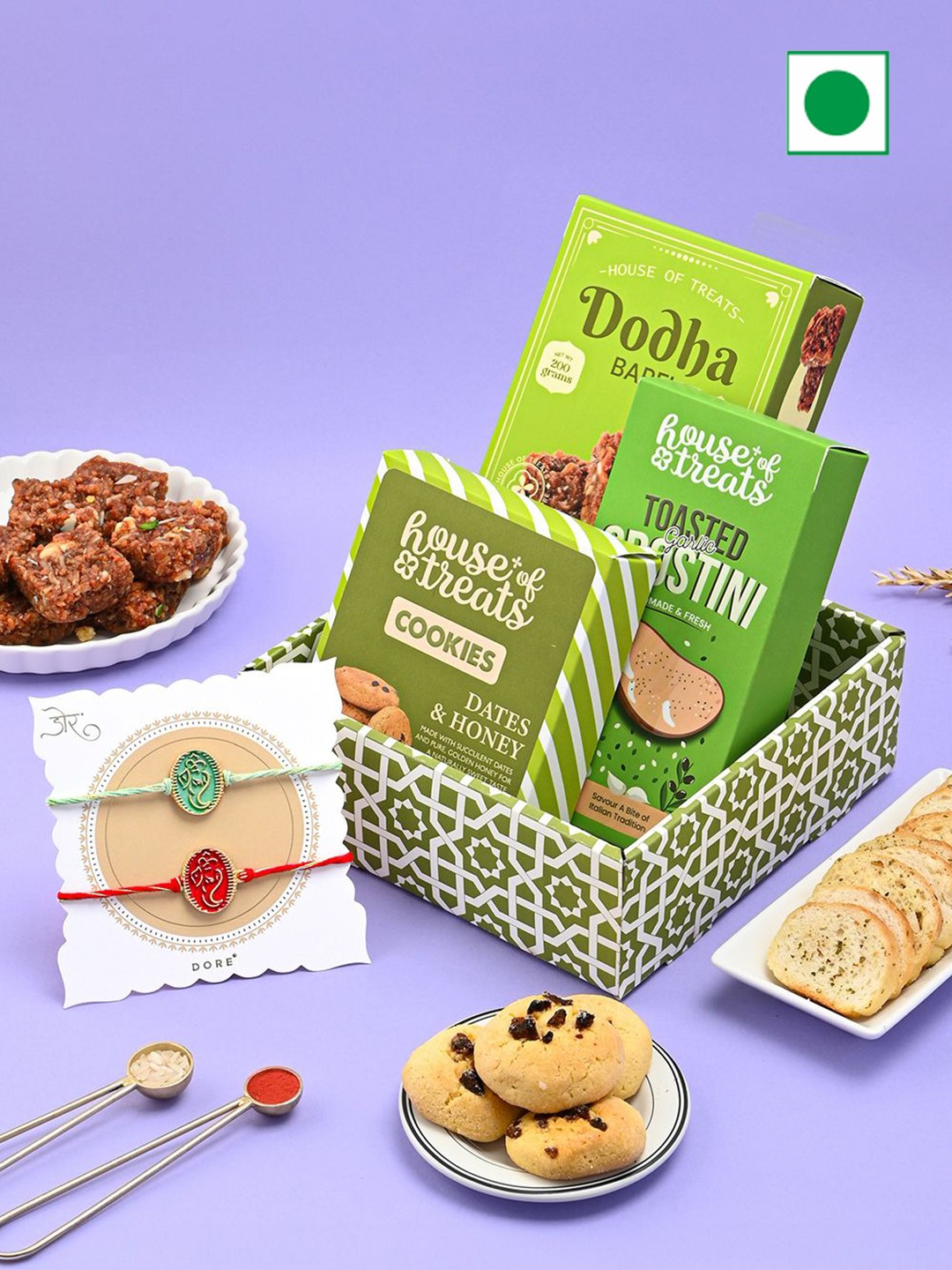 

RawFruit Rakhi Sweet & Treats Hamper With 2 Rakhi, Green