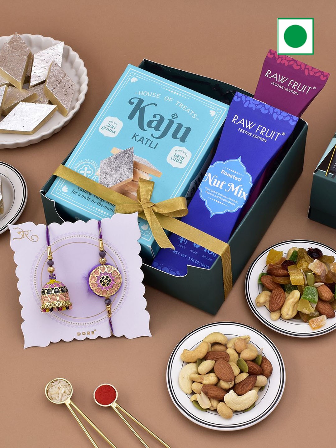 

RawFruit Set Of 2 Rakhis With Roli Chawal Sweets & Dry Fruit Hampers, Green