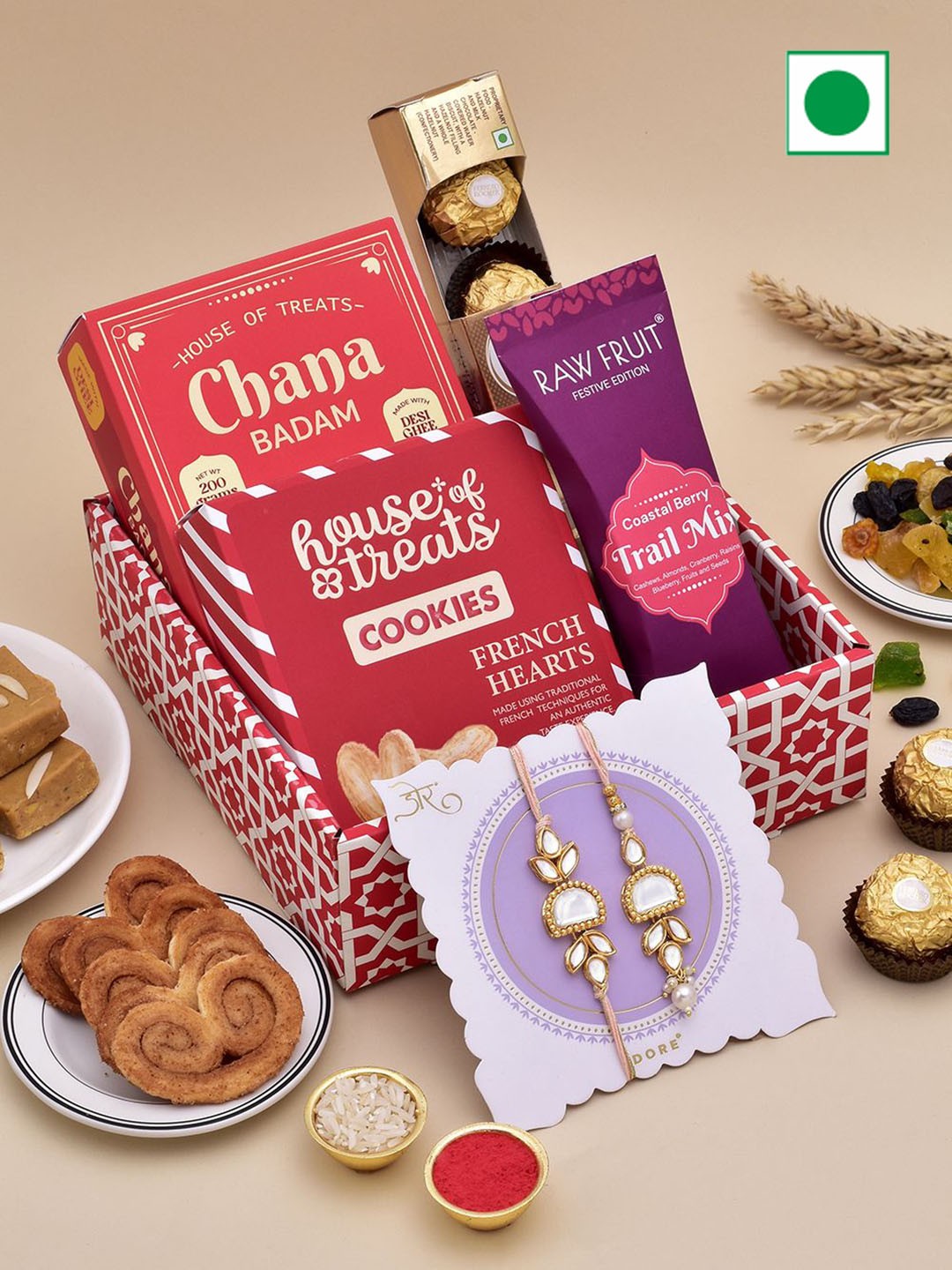 

RawFruit Set Of 6 Sweet, Chocolate with Bhai Bhabhi Rakhi Set, Red