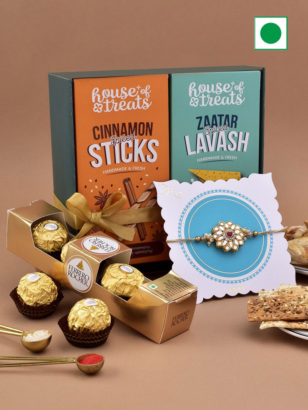 

RawFruit Rakhi Delight Box: Sweet & Roasted Mix with 1 Rakhi, Green