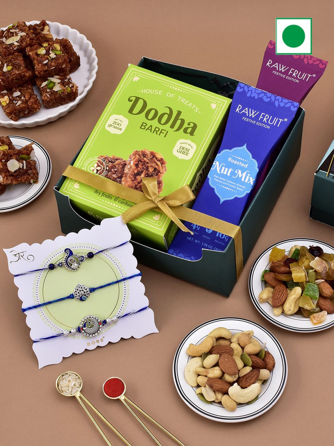 

RawFruit Rakhi Delight: Sweet & Dry Fruit with 3 Rakhi, Green