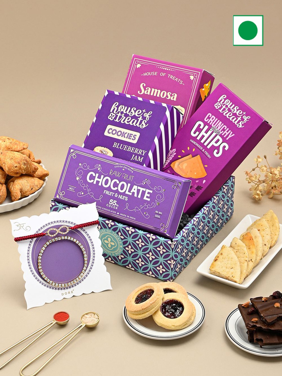 

RawFruit Set Of 4 Chocolate & Snacks With 2 Bhaiya Bhabhi Rakhi, Blue