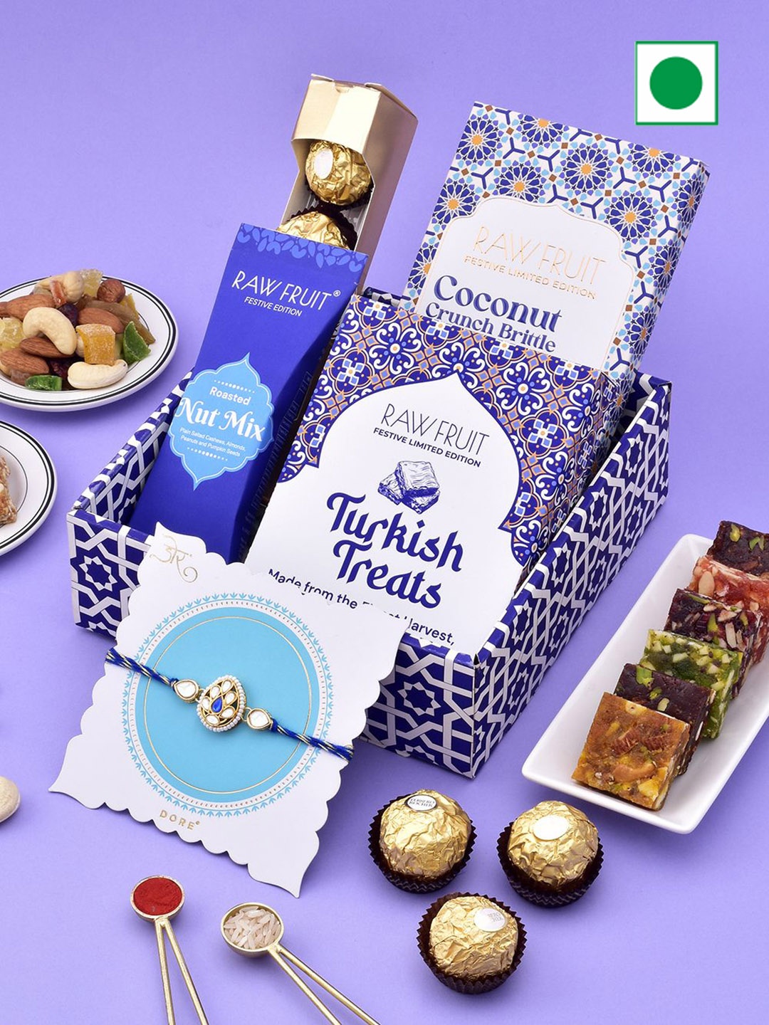 

RawFruit Set Of 4 Dry Fruits, Chocolate With 1 Rakhi, Blue