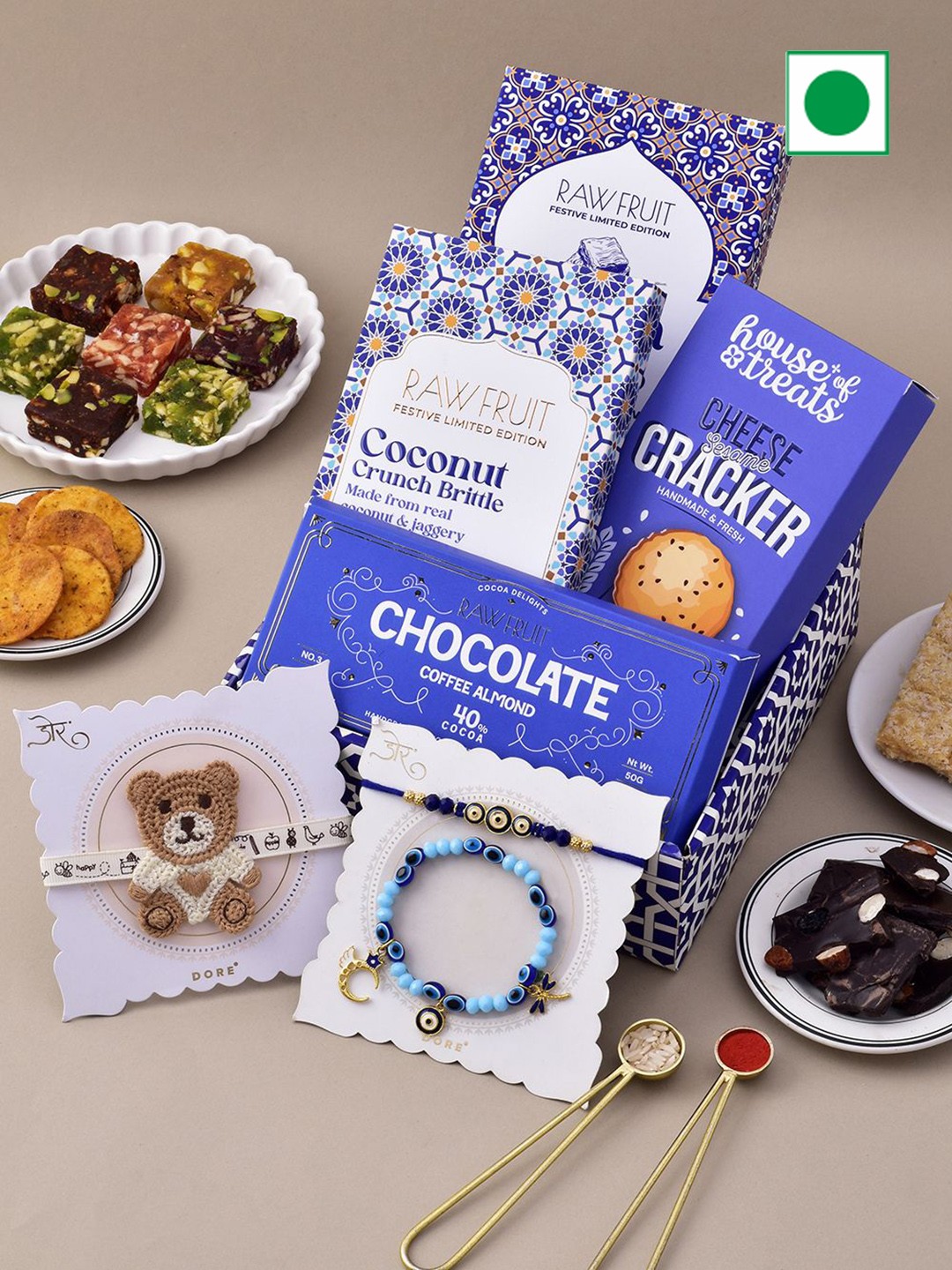 

RawFruit Set Of 4 Cookie & Chocolate with 3 Rakhi Set, Blue
