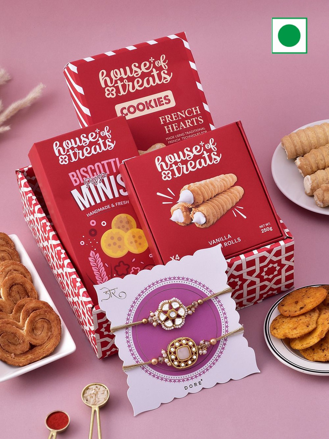 

RawFruit Set Of 3 Cookies Hamper with Set of 2 Rakhi, Red