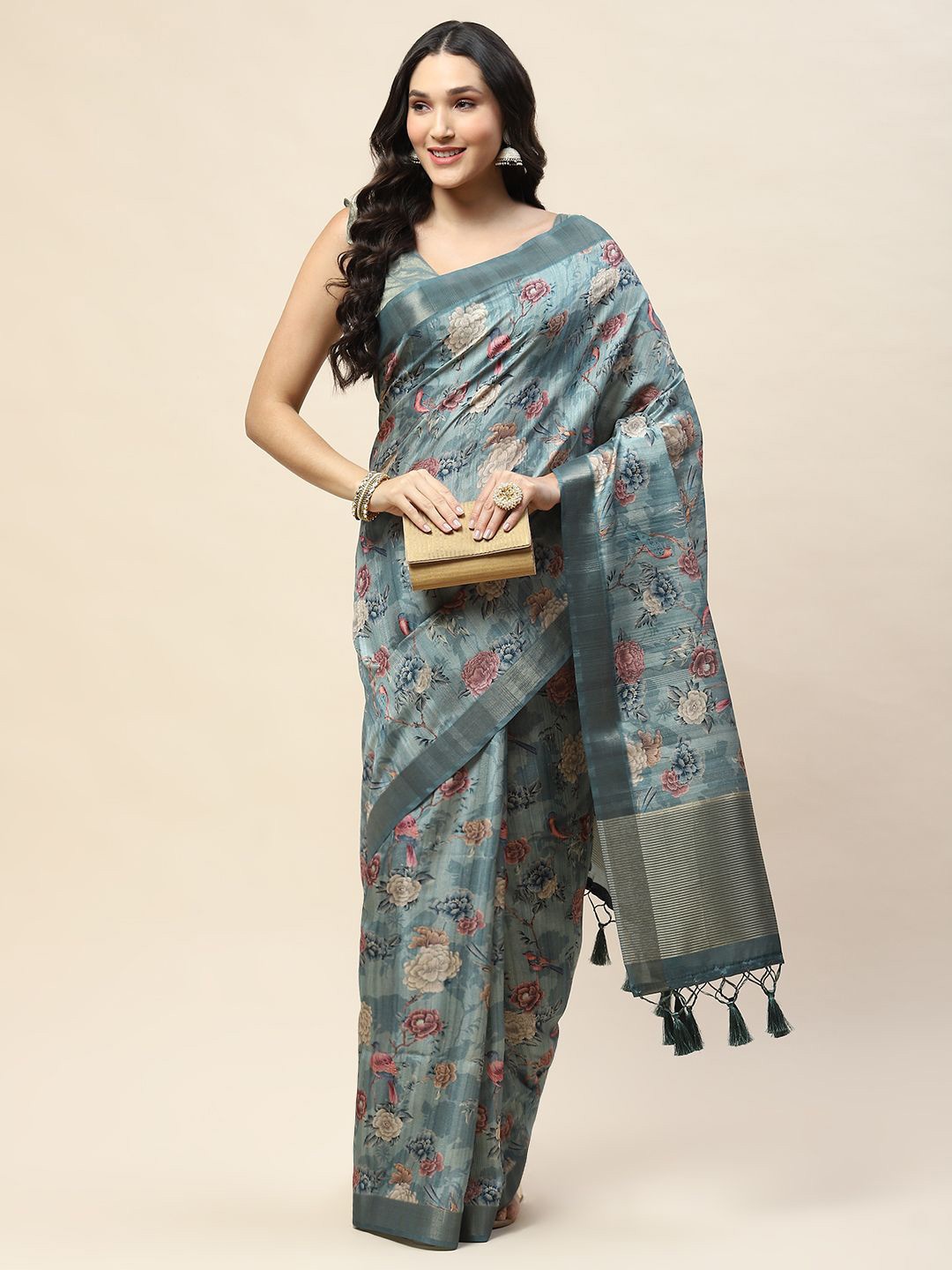 

Meena Bazaar Floral Printed Tussar Saree, Grey