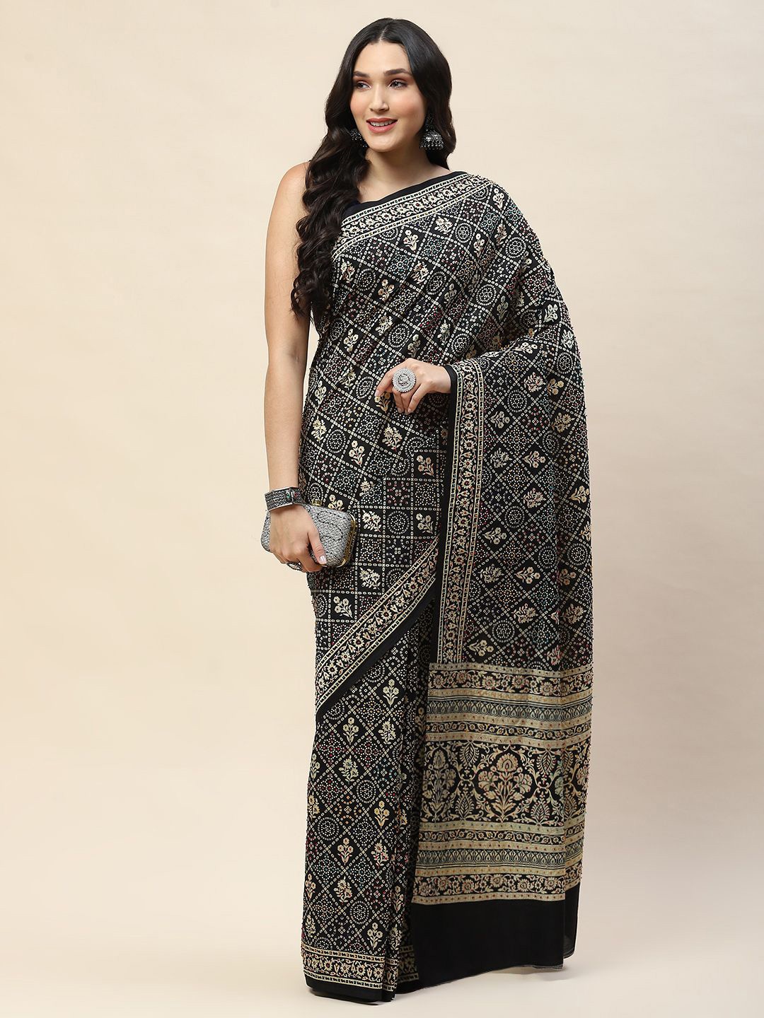 

Meena Bazaar Ethnic Motifs Printed Saree, Black