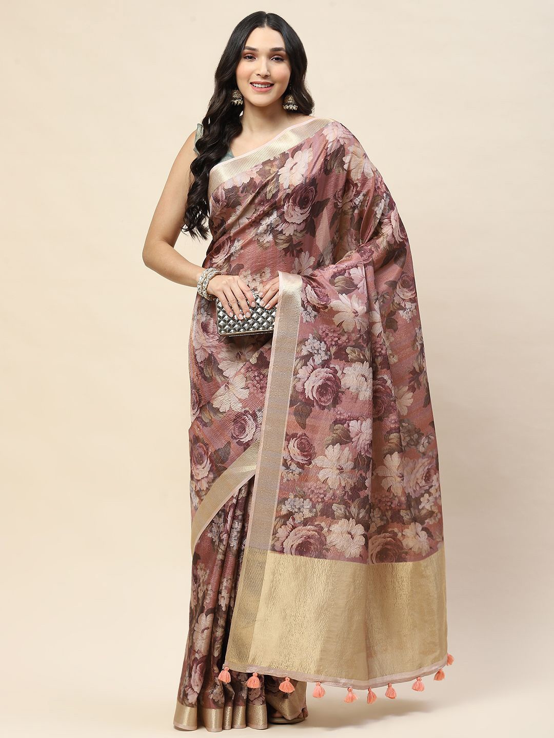 

Meena Bazaar Floral Printed Zari Saree, Peach