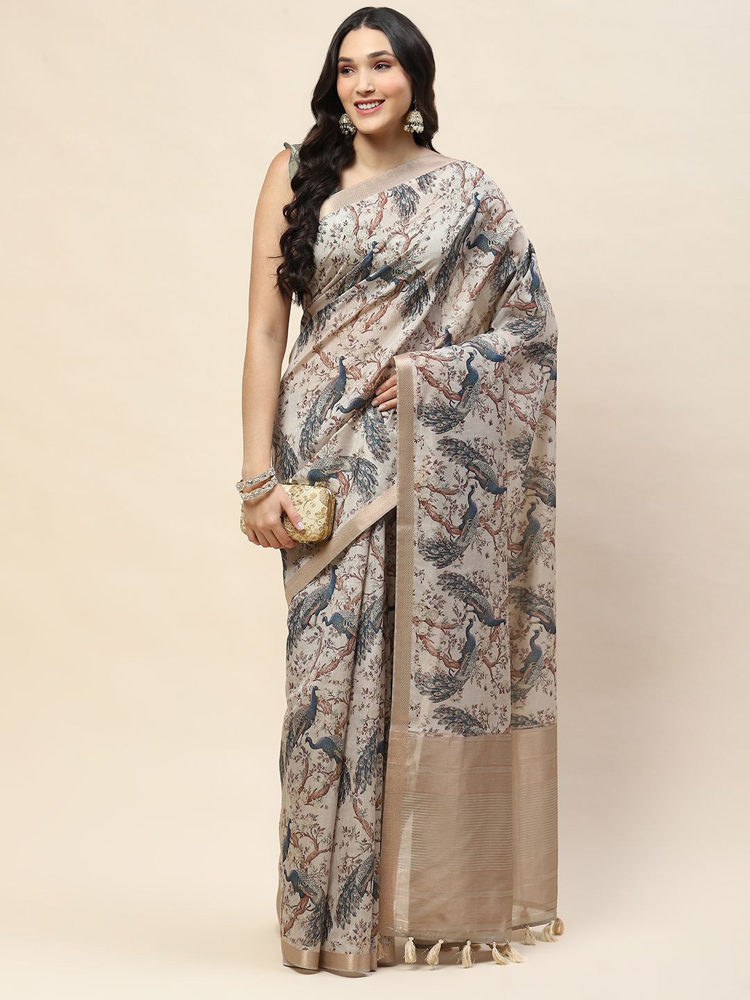 

Meena Bazaar Ethnic Motifs Printed Zari Saree, Beige