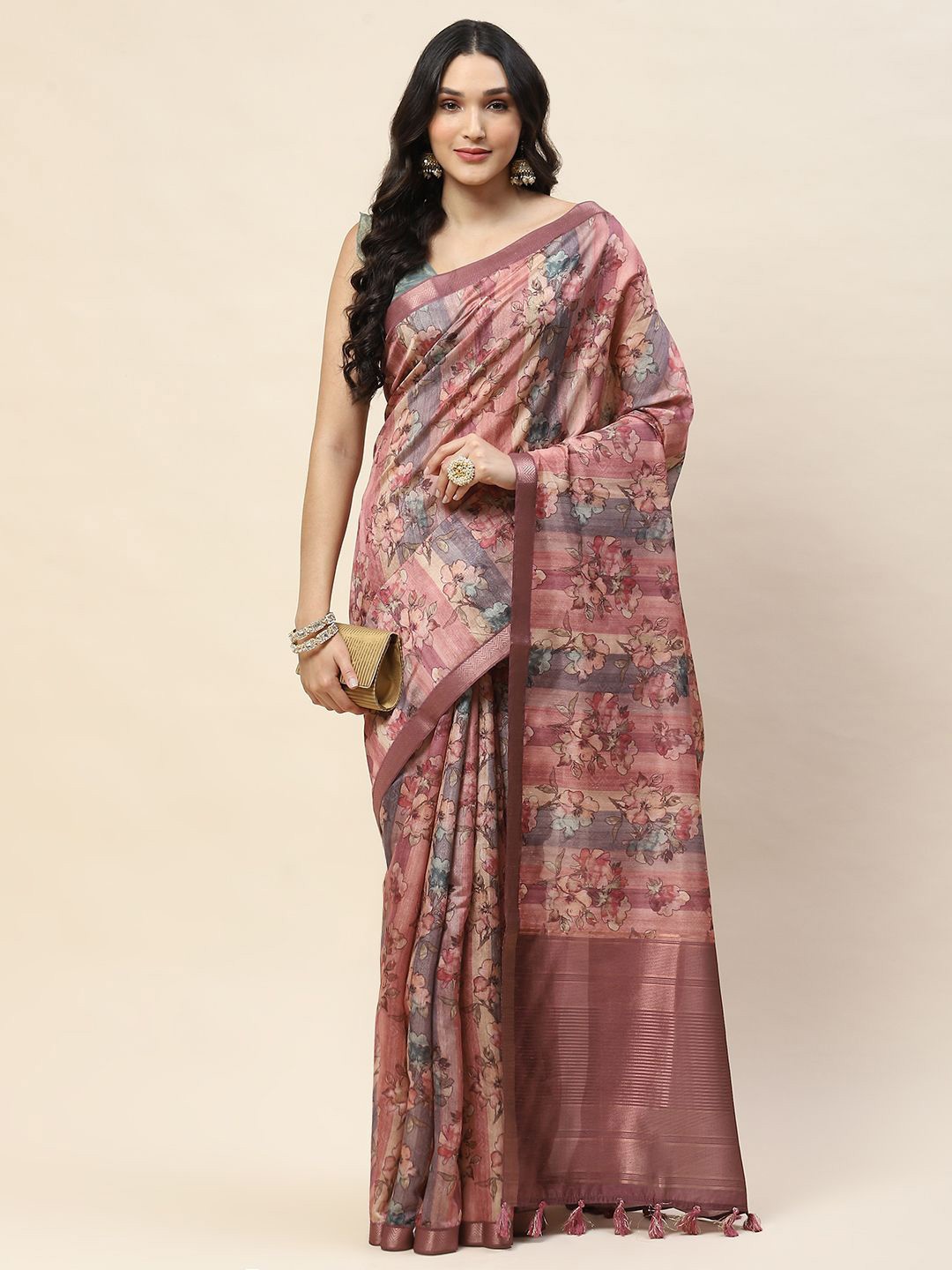 

Meena Bazaar Floral Printed Zari Saree, Peach