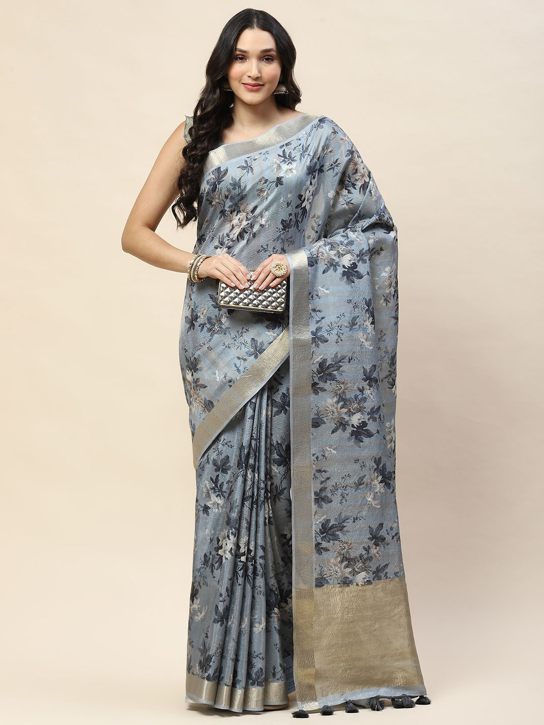 

Meena Bazaar Floral Printed Zari Saree, Grey