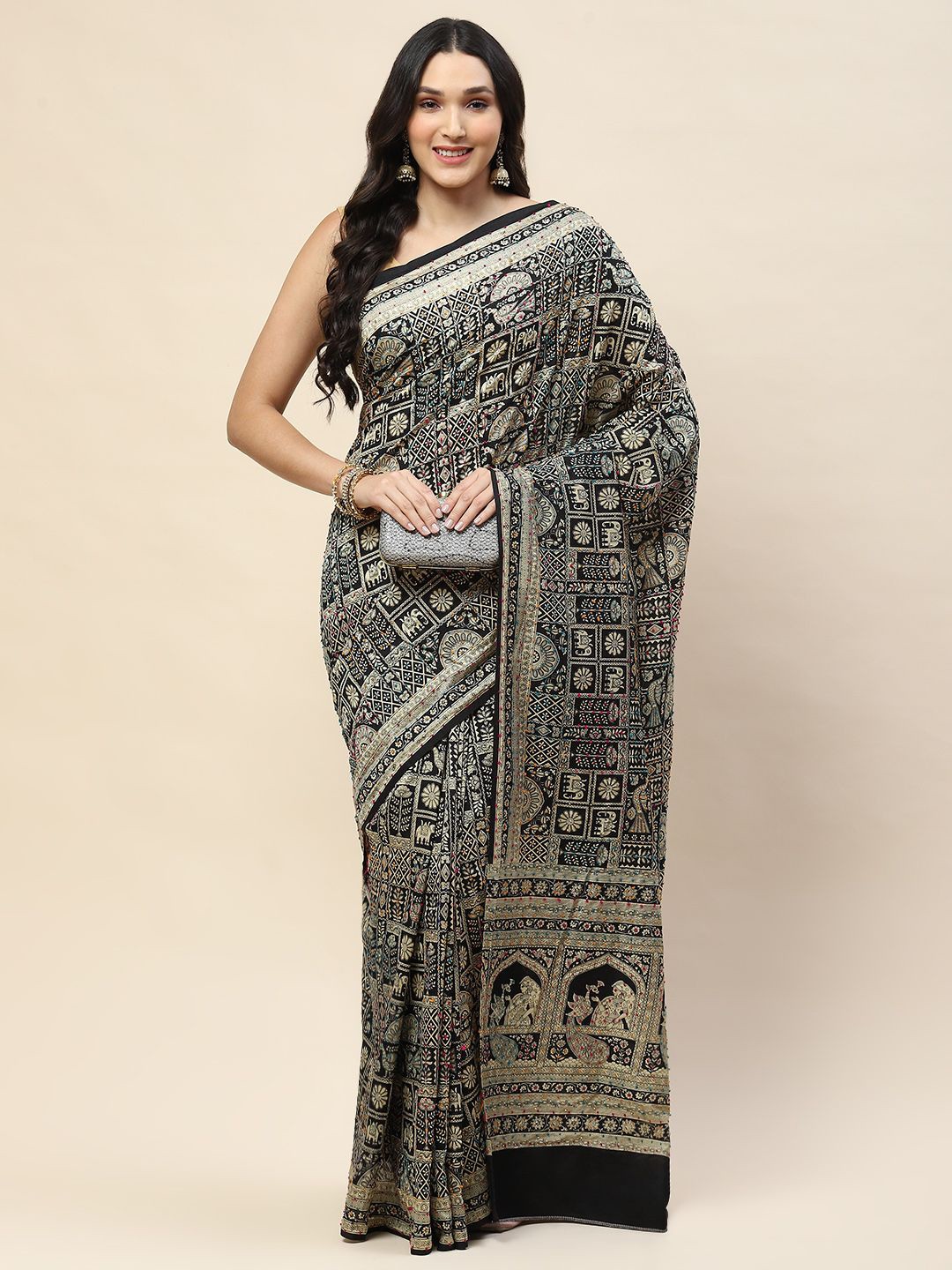 

Meena Bazaar Ethnic Motifs Printed Saree, Black