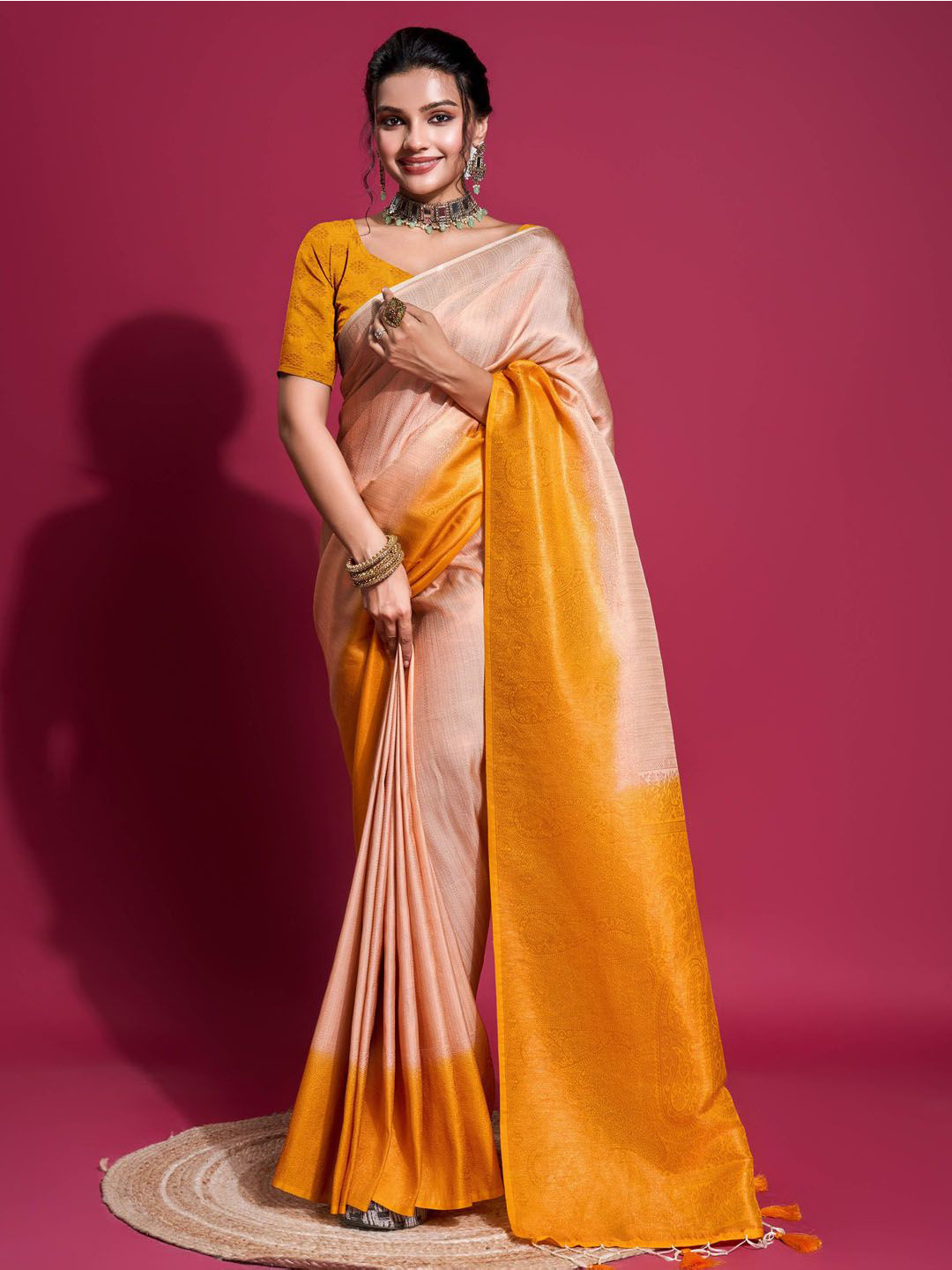 

Meena Bazaar Plain Woven Design Art Silk Saree, Beige