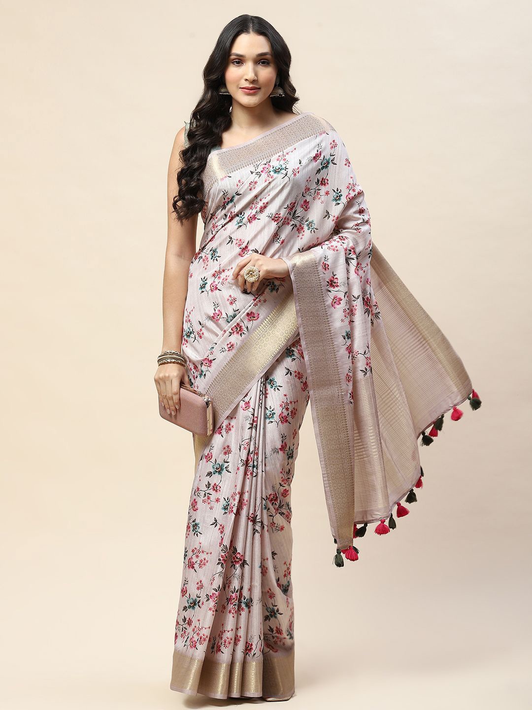 

Meena Bazaar Floral Printed Zari Saree, Beige