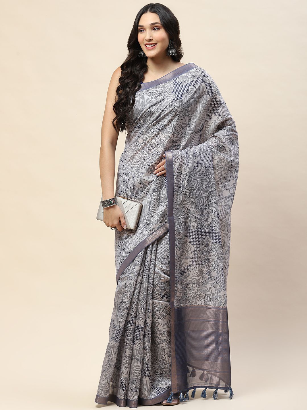 

Meena Bazaar Ethnic Motifs Printed Zari Saree, Grey