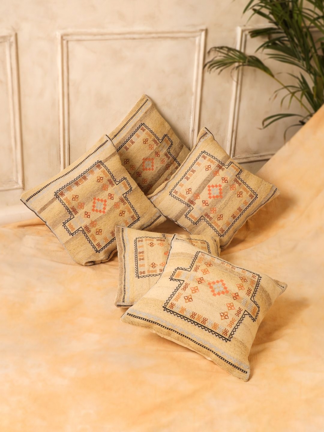 

SANSKRUTIHOMES Beige 5 Pieces Geometric Embroidered Jute Cotton Square Cushion Covers