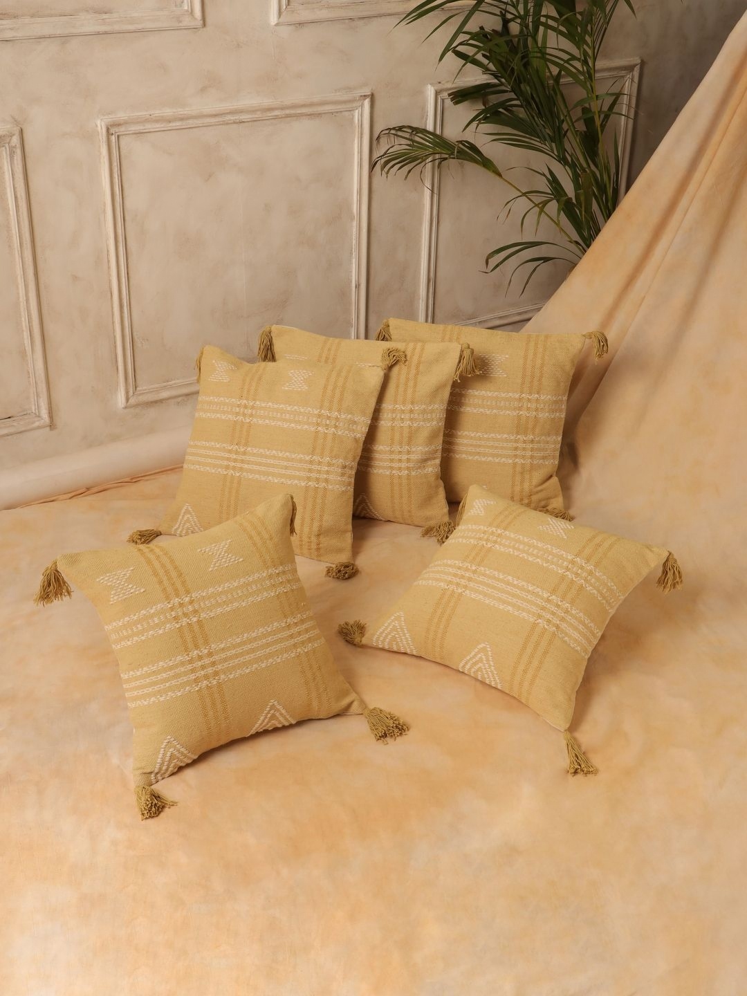 

SANSKRUTIHOMES Yellow & Beige 5 Pieces Embroidered Tasselled Cotton Square Cushion Covers