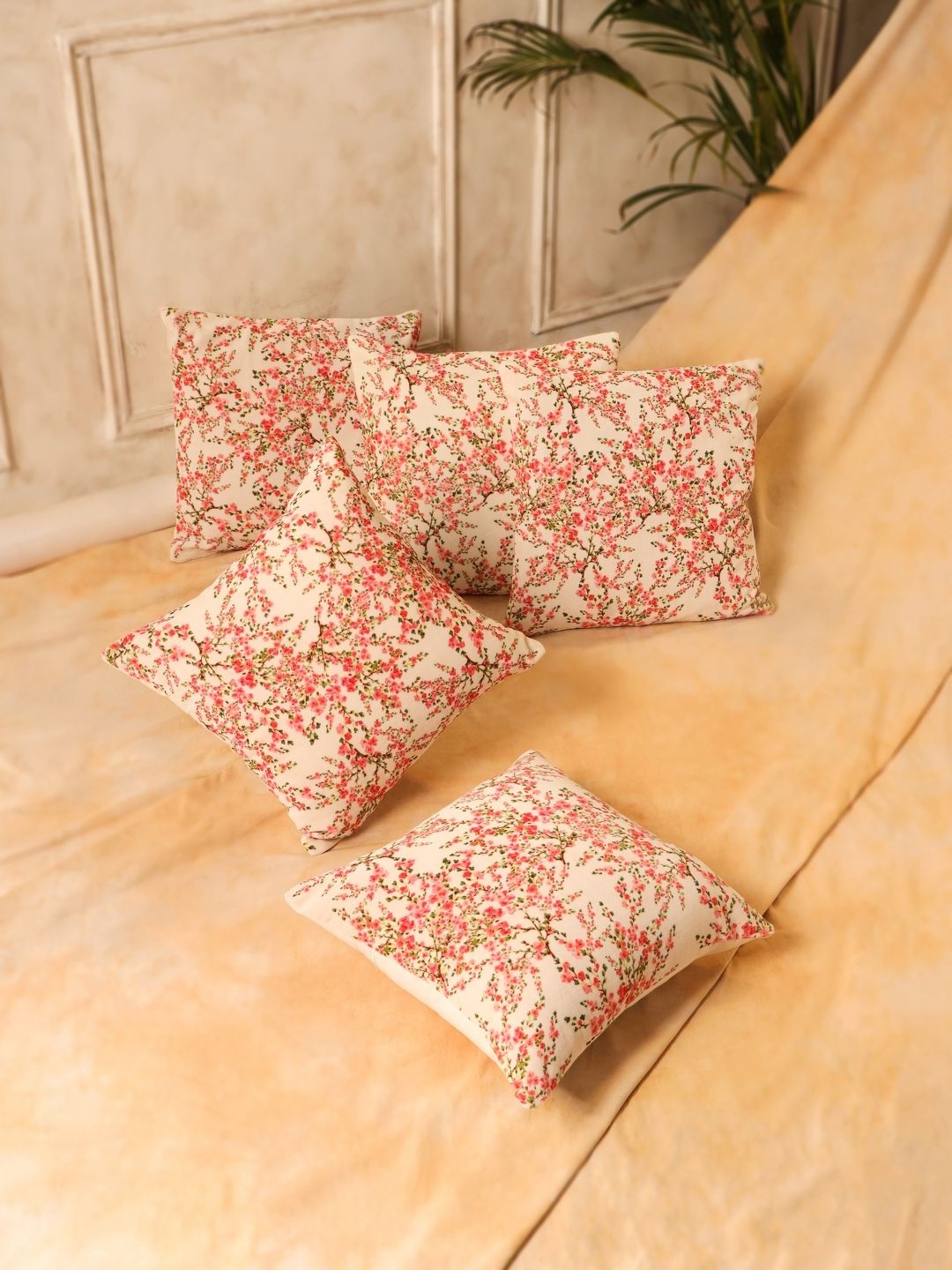 

SANSKRUTIHOMES Beige & Pink 5 Pieces Floral Printed Velvet Square Cushion Covers