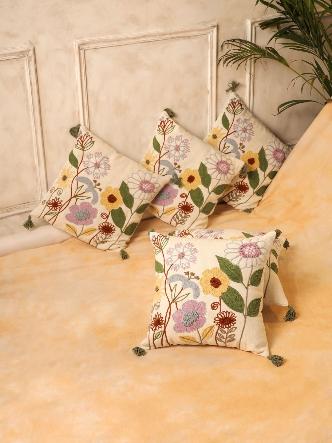 

SANSKRUTIHOMES Beige & Purple 5 Pieces Floral Embroidered Square Cotton Cushion Covers