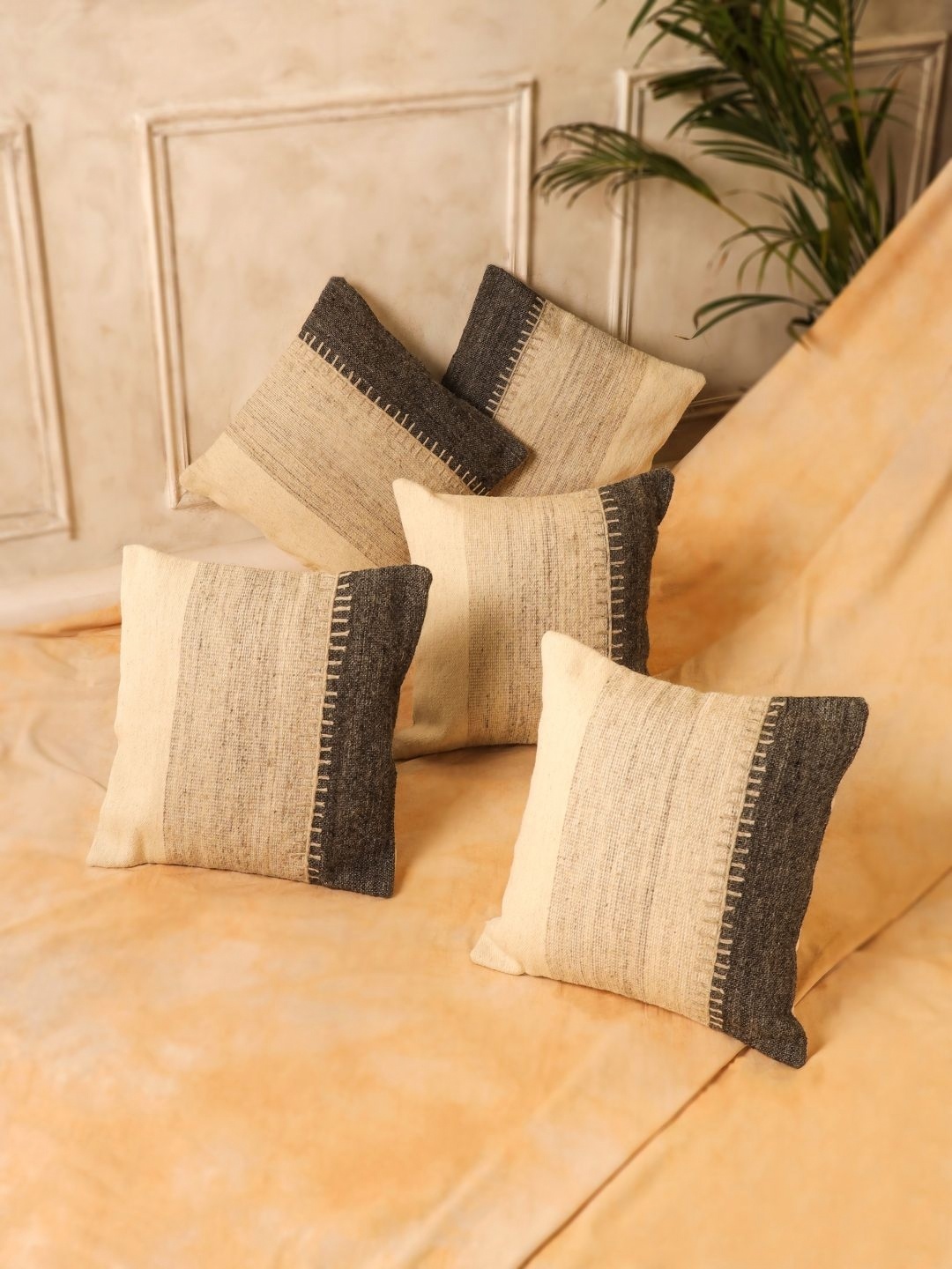 

SANSKRUTIHOMES Off White & Brown 5 Pieces Embroidered Square Jute Cotton Cushion Covers
