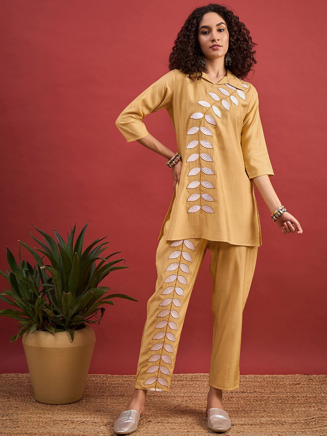

Anouk Embroidered Shirt With Palazzos, Mustard