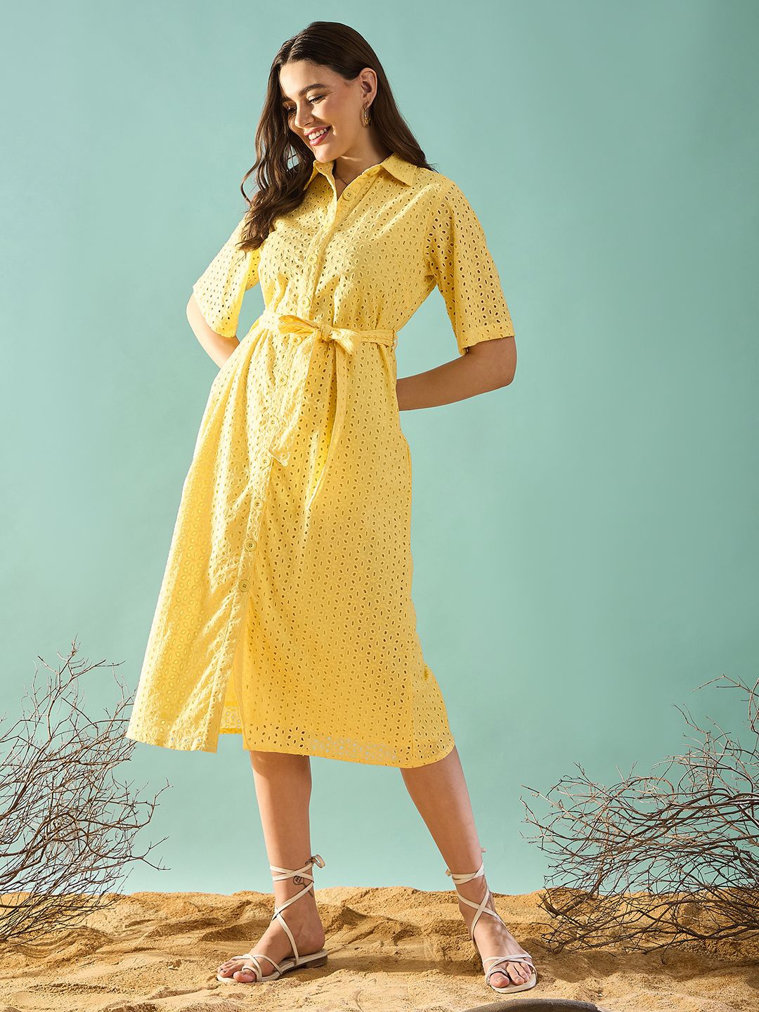 

PANIT Women Schiffli Shirt Midi Dress, Yellow