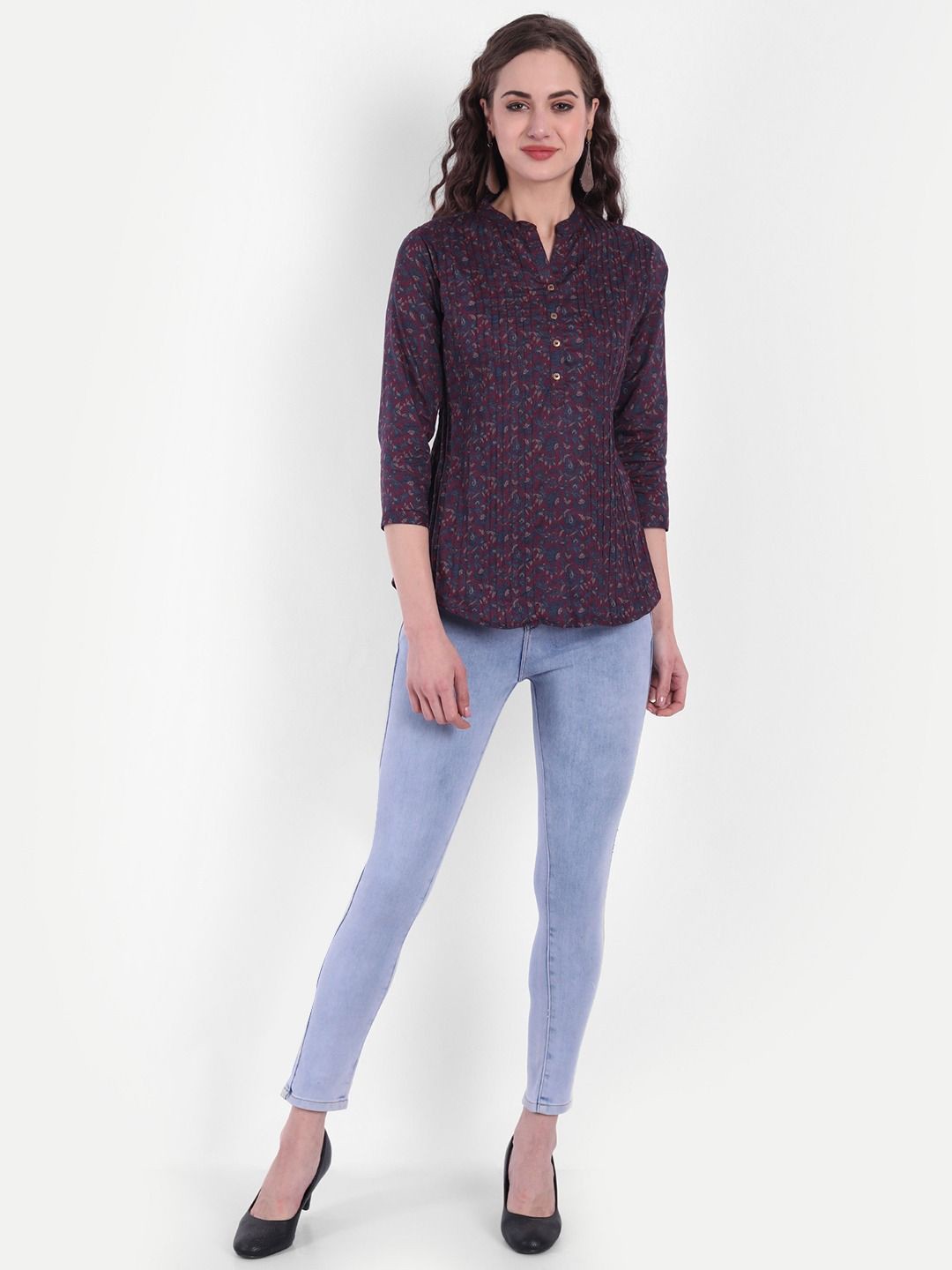 

SUTI Floral Printed Mandarin Collar Cotton Shirt Style Top, Purple