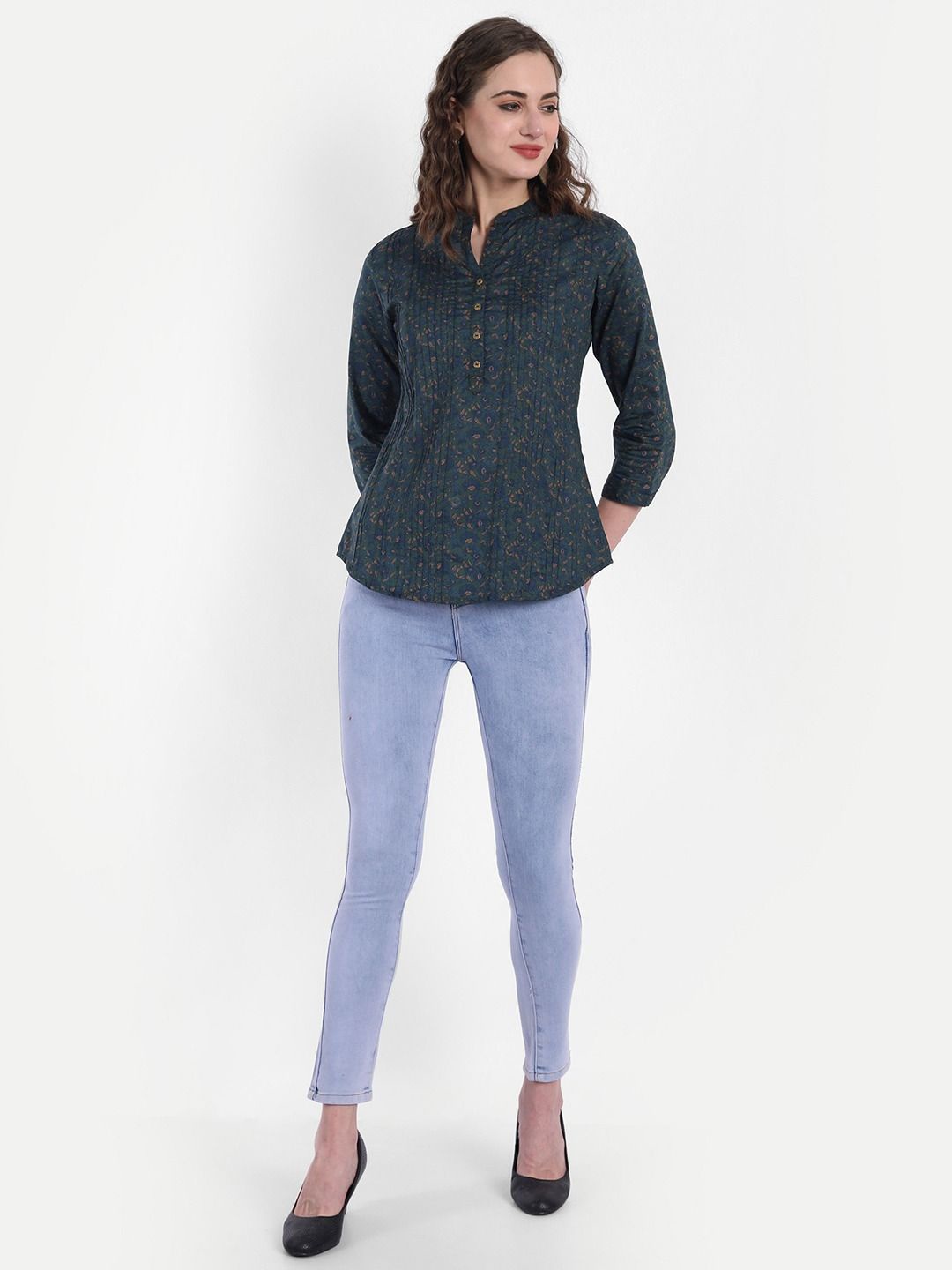 

SUTI Floral Printed Mandarin Collar Cotton Shirt Style Top, Green