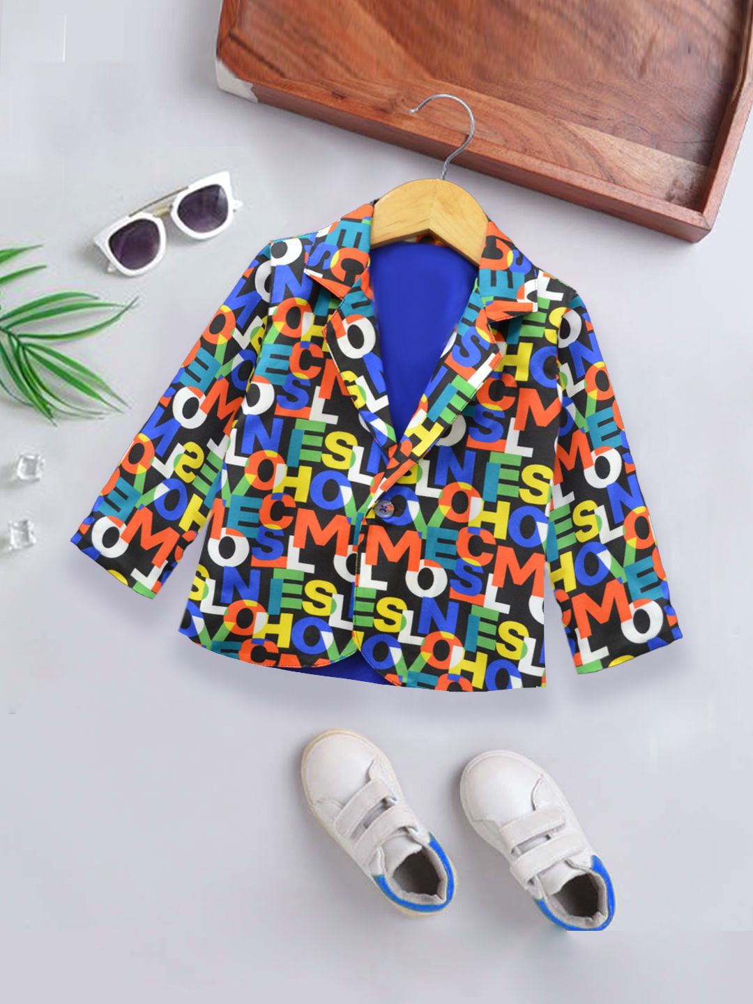 

A.T.U.N. Boys Alphabets Printed Notched Lapel Collar Single Breasted Party Blazer, Blue