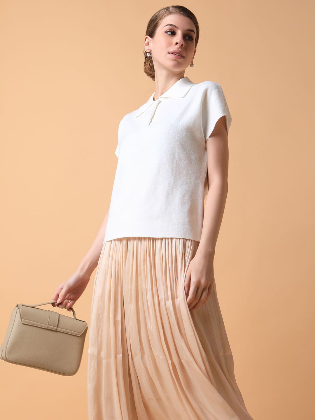

SHOWOFF Women Solid Knits Shirt Collar Acrylic Top, Off white