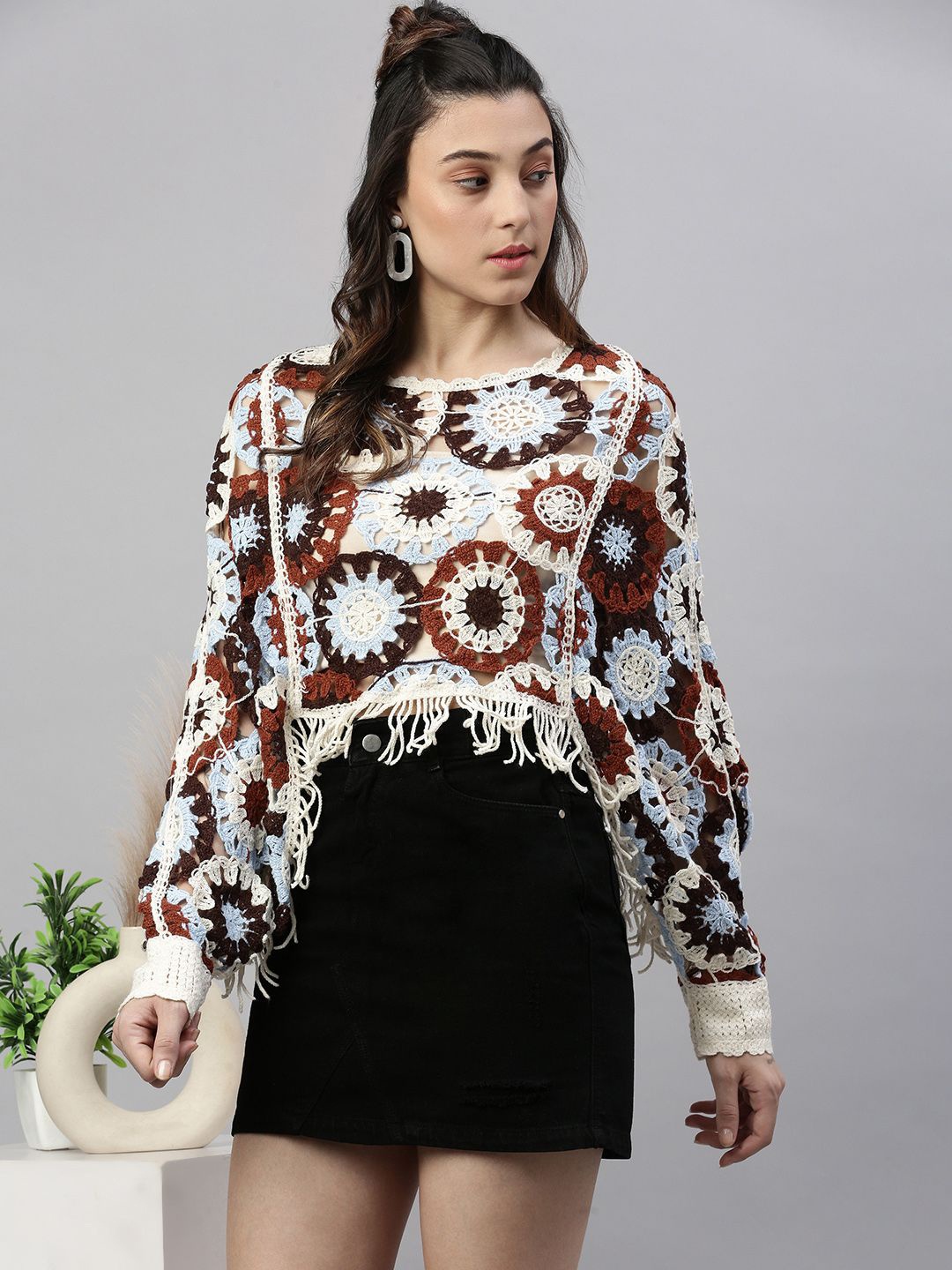 

SHOWOFF Women Self Design Chrochet Round Neck Acrylic Top, Brown