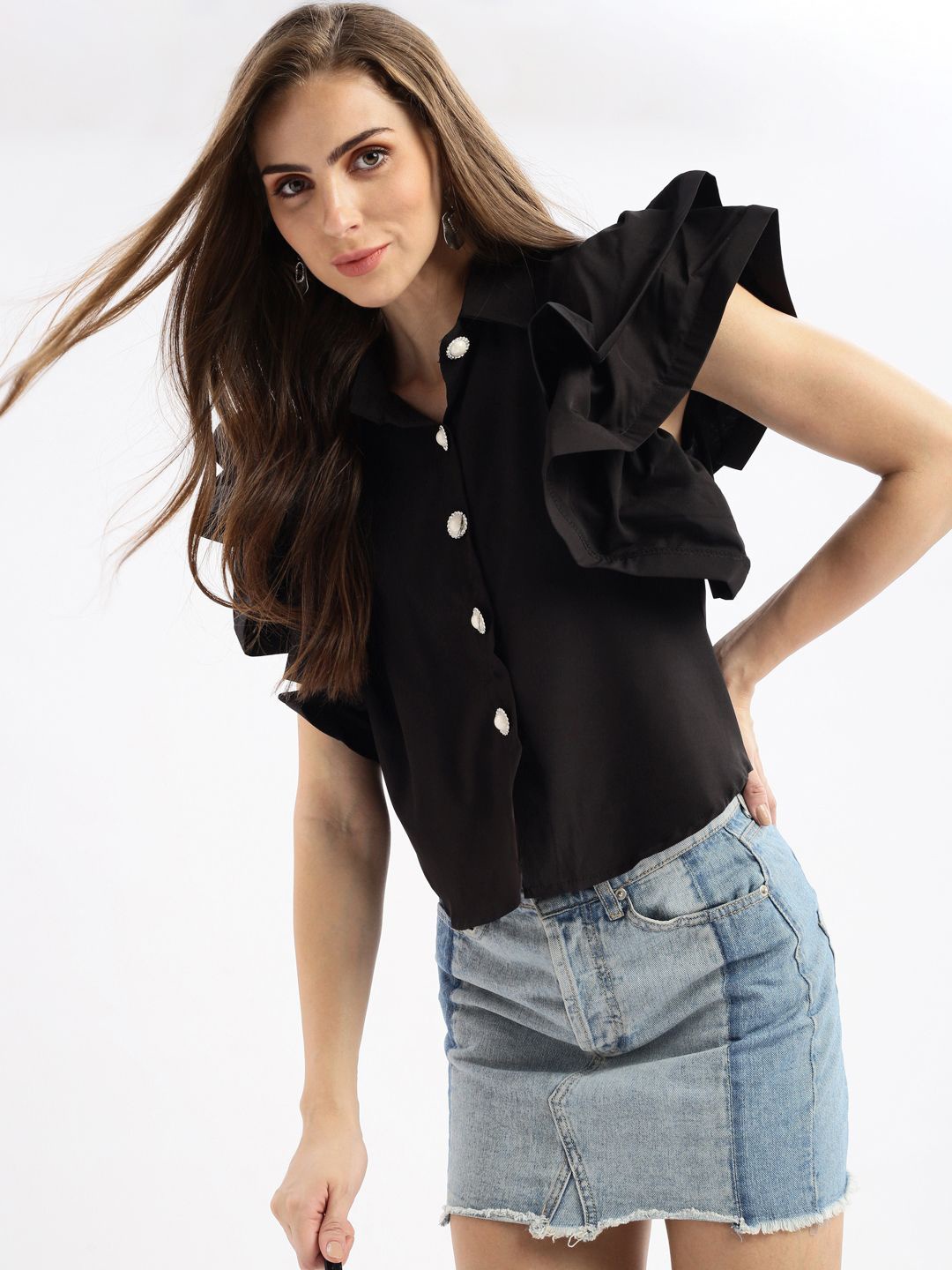 

SHOWOFF Women Solid Monochrome Shirt Collar Viscose Rayon Top, Black