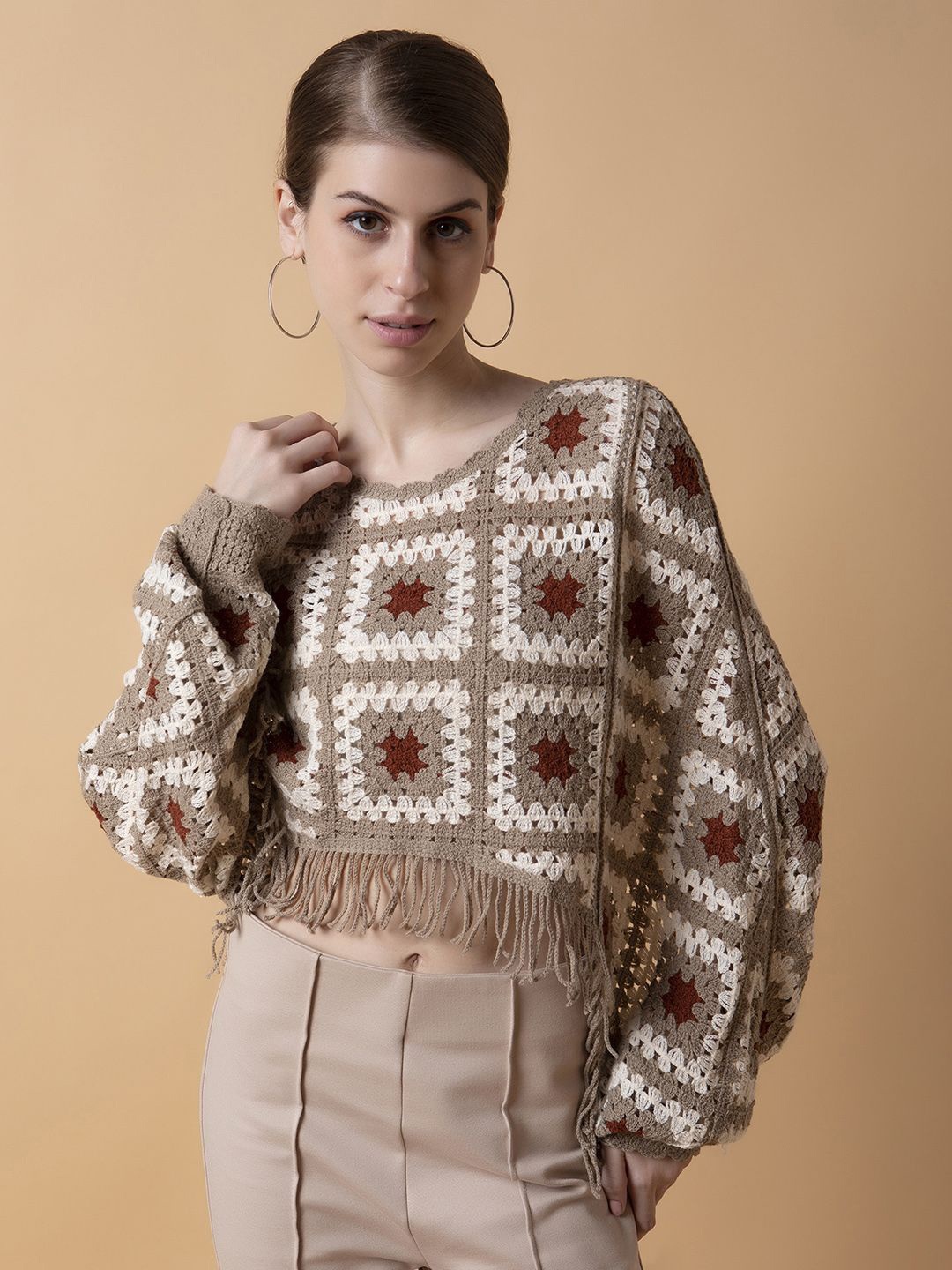 

SHOWOFF Women Self Design Chrochet Round Neck Acrylic Top, Beige