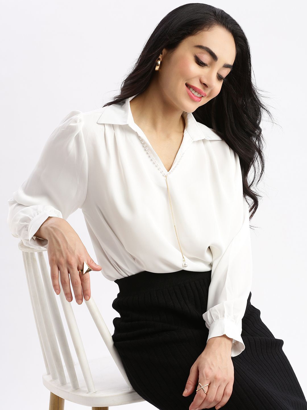 

SHOWOFF Women Solid Shirt Collar Satin Top, White