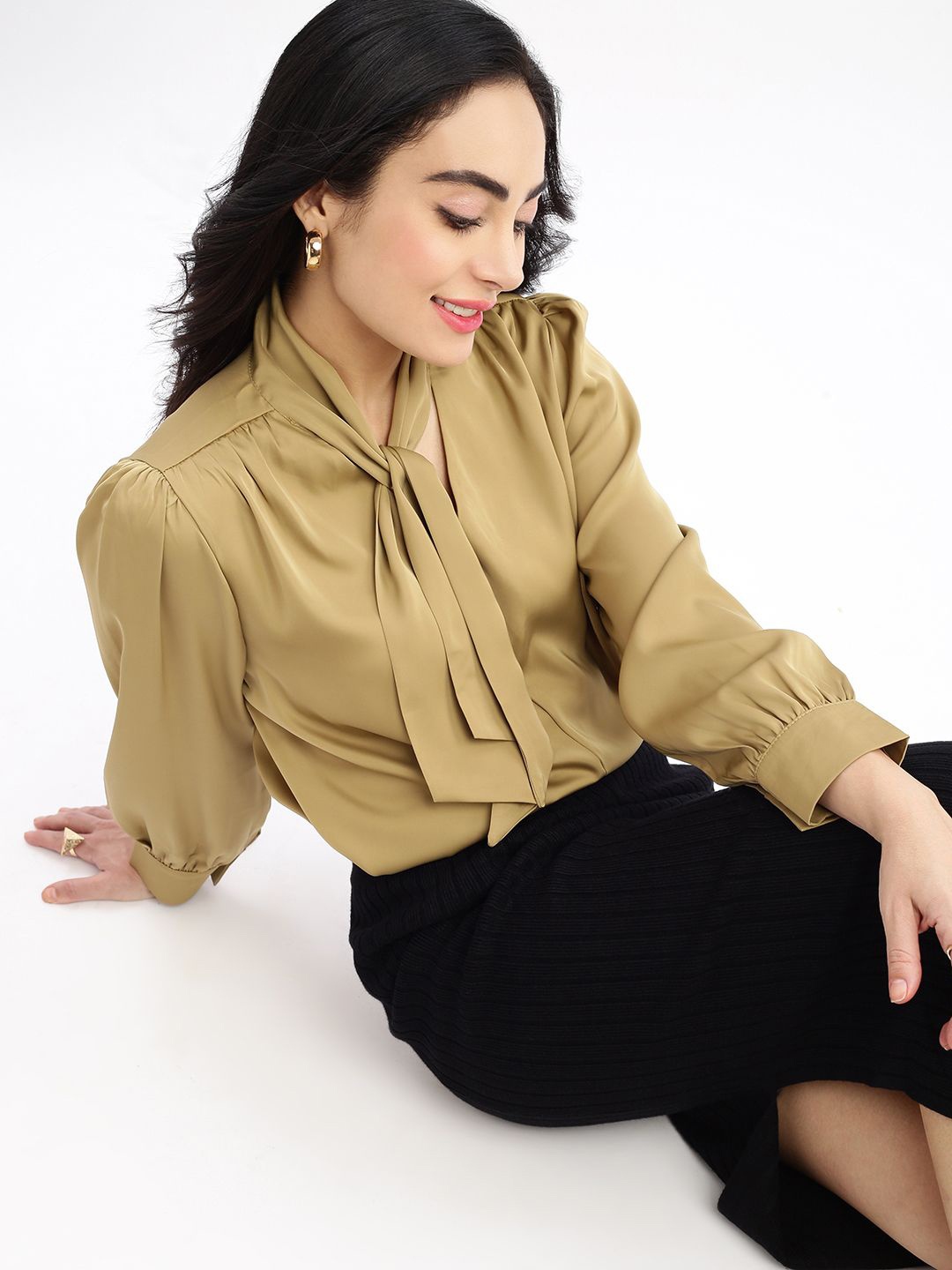 

SHOWOFF Women Solid Tie-Up Neck Satin Top, Khaki