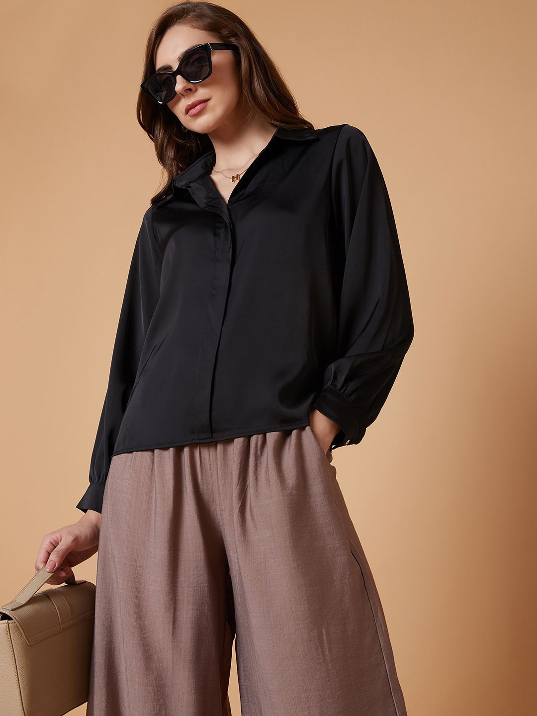 

SHOWOFF Women Solid Shirt Collar Satin Top, Black