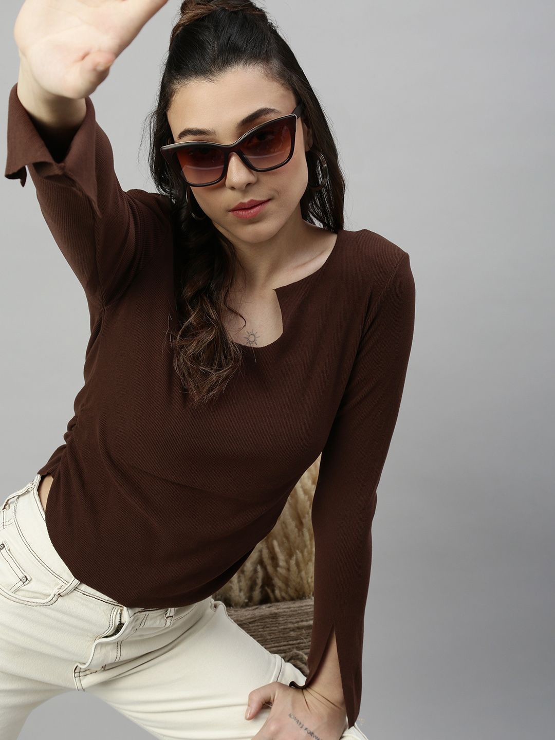 

SHOWOFF Women Solid Ruched Round Neck Acrylic Top, Brown