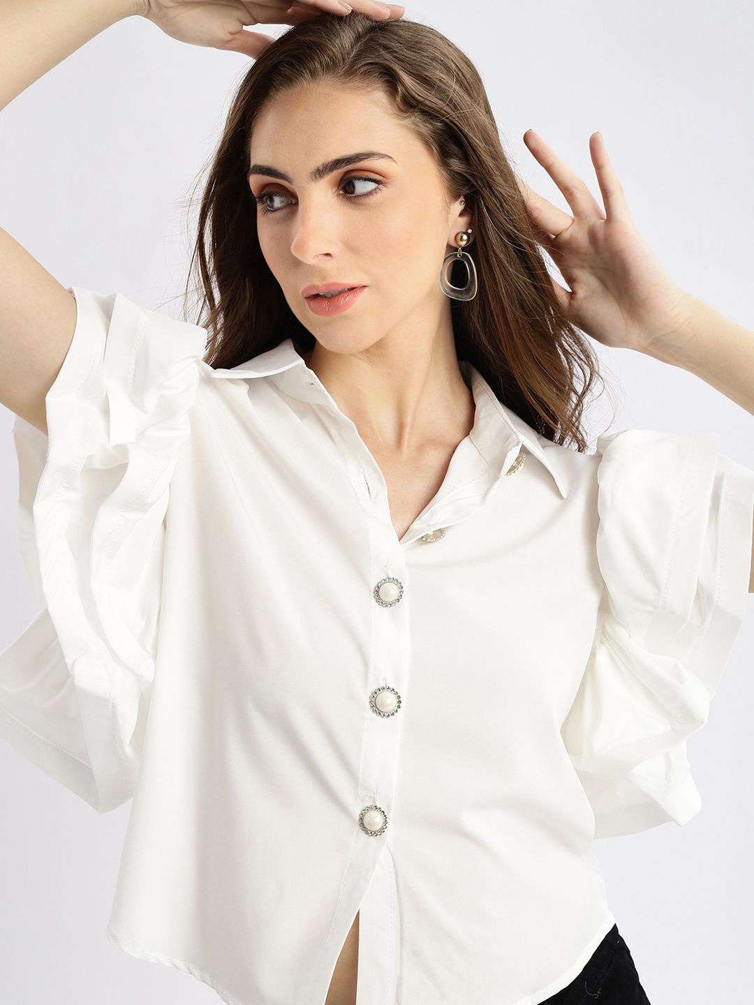 

SHOWOFF Women Solid Monochrome Shirt Collar Viscose Rayon Top, White