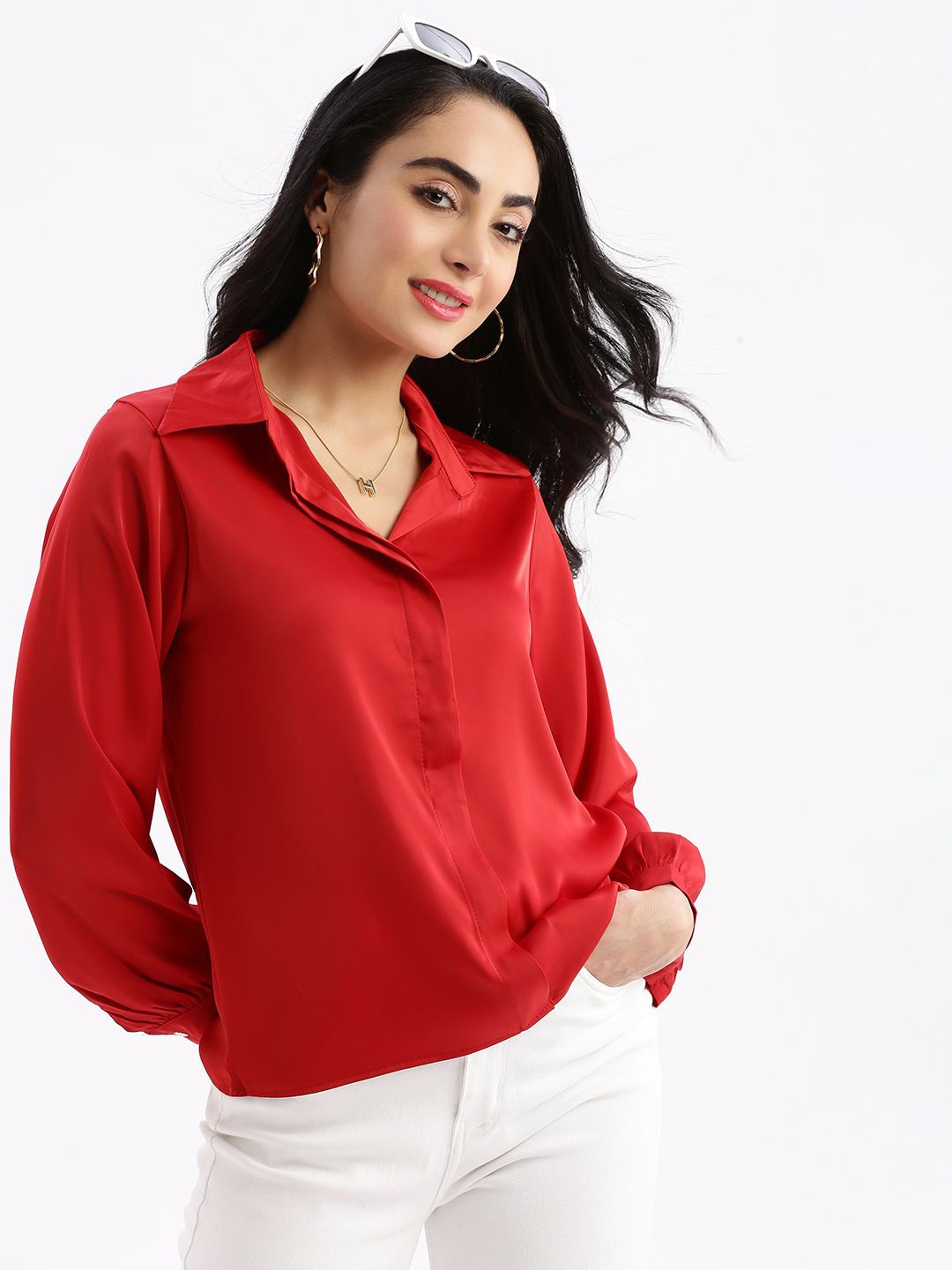 

SHOWOFF Women Solid Shirt Collar Satin Top, Red