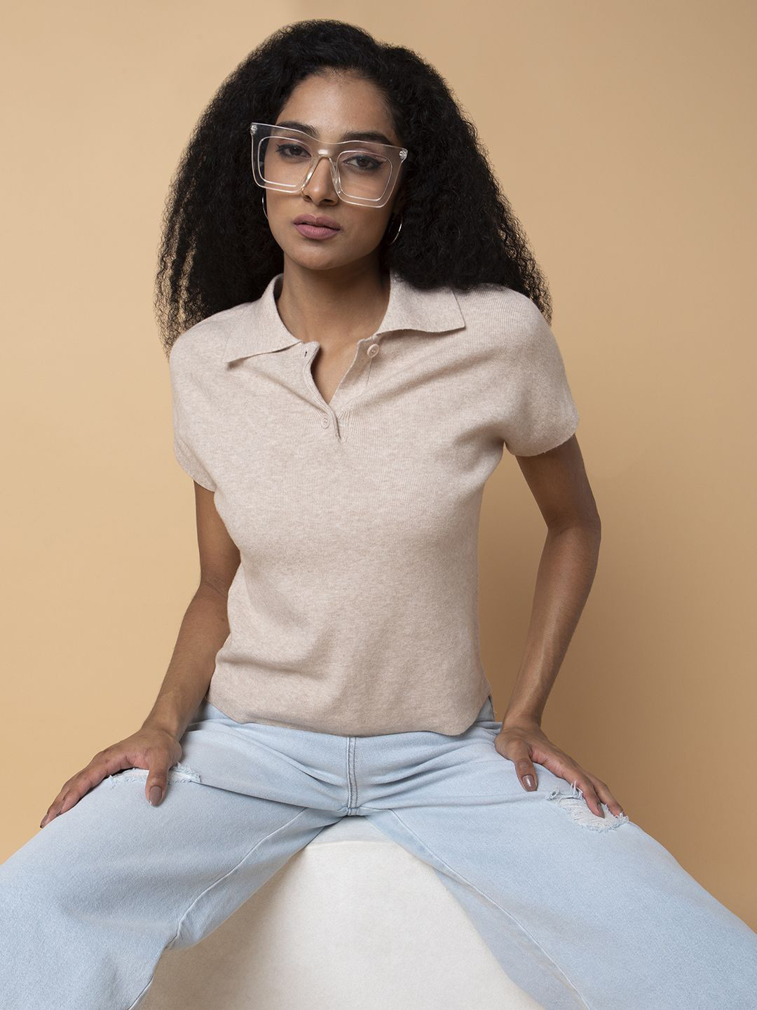 

SHOWOFF Women Solid Knits Shirt Collar Acrylic Top, Beige