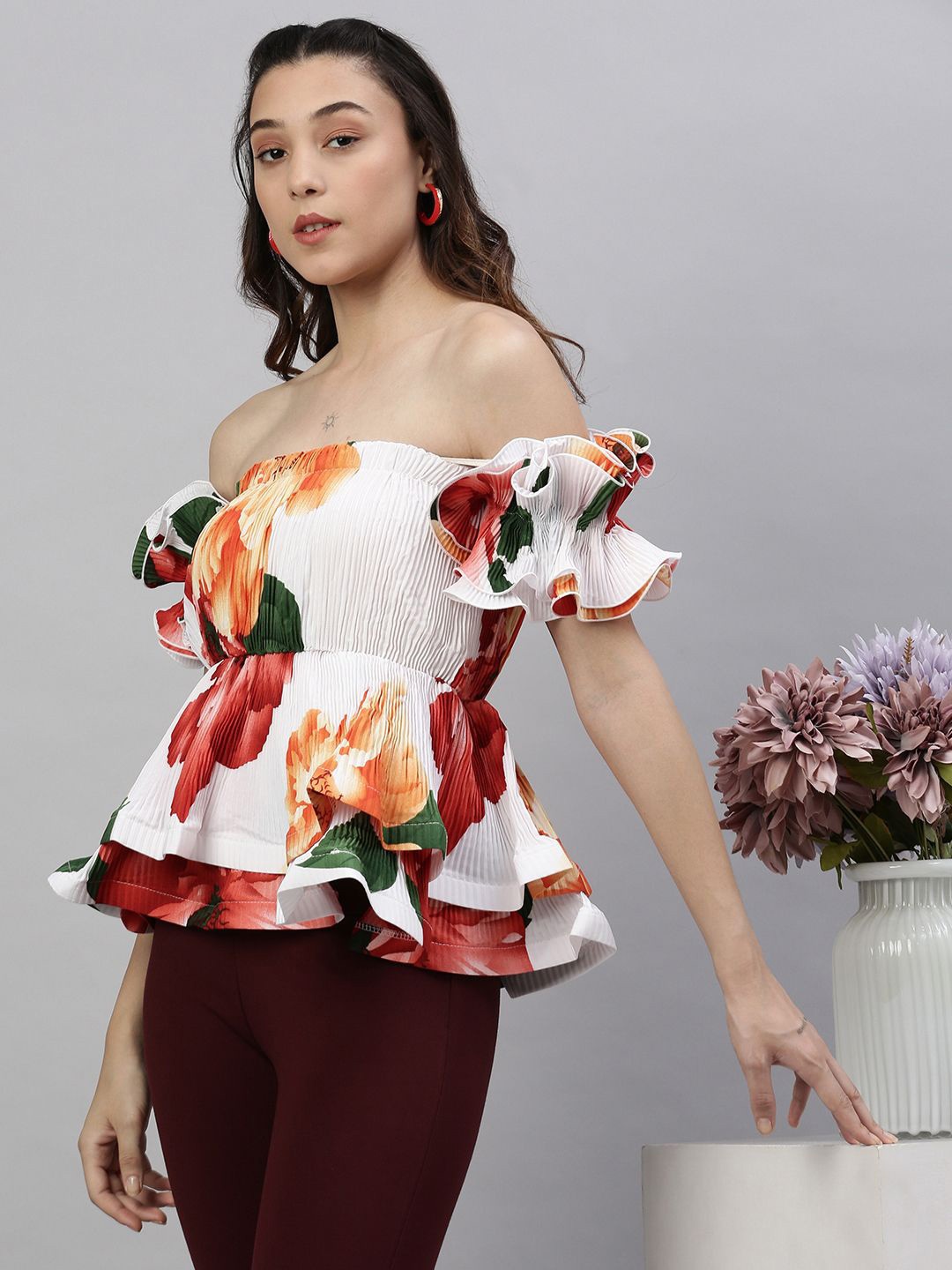 

SHOWOFF Women Abstract Printed Off Shoulder Viscose Rayon Top, Off white