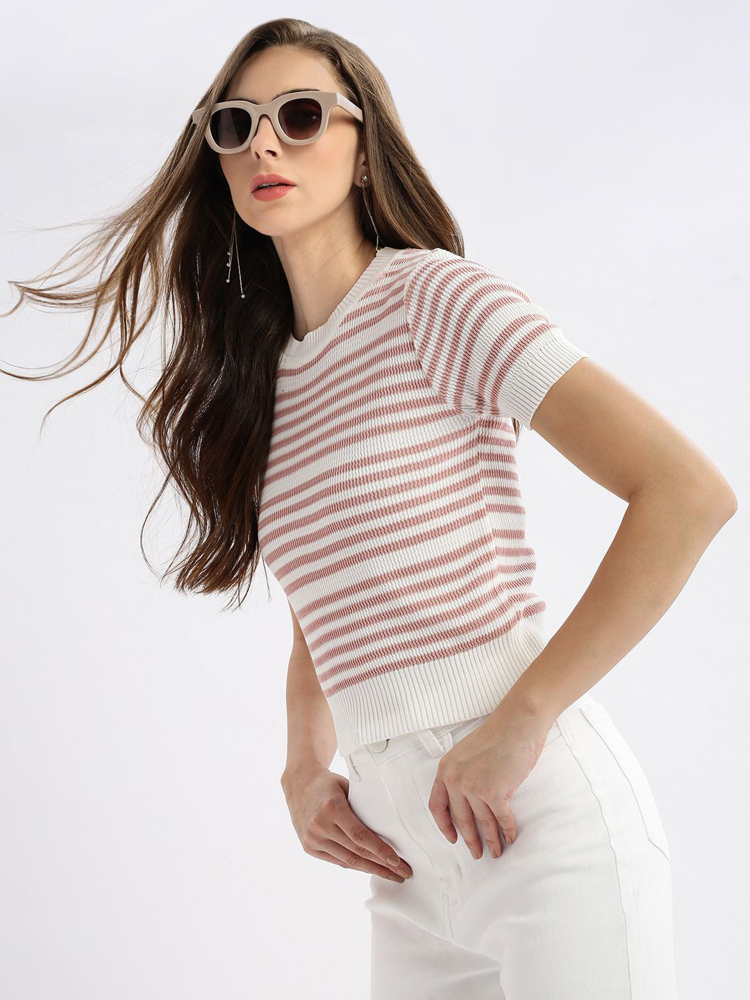 

SHOWOFF Women Horizontal Striped Round Neck Acrylic Top, White