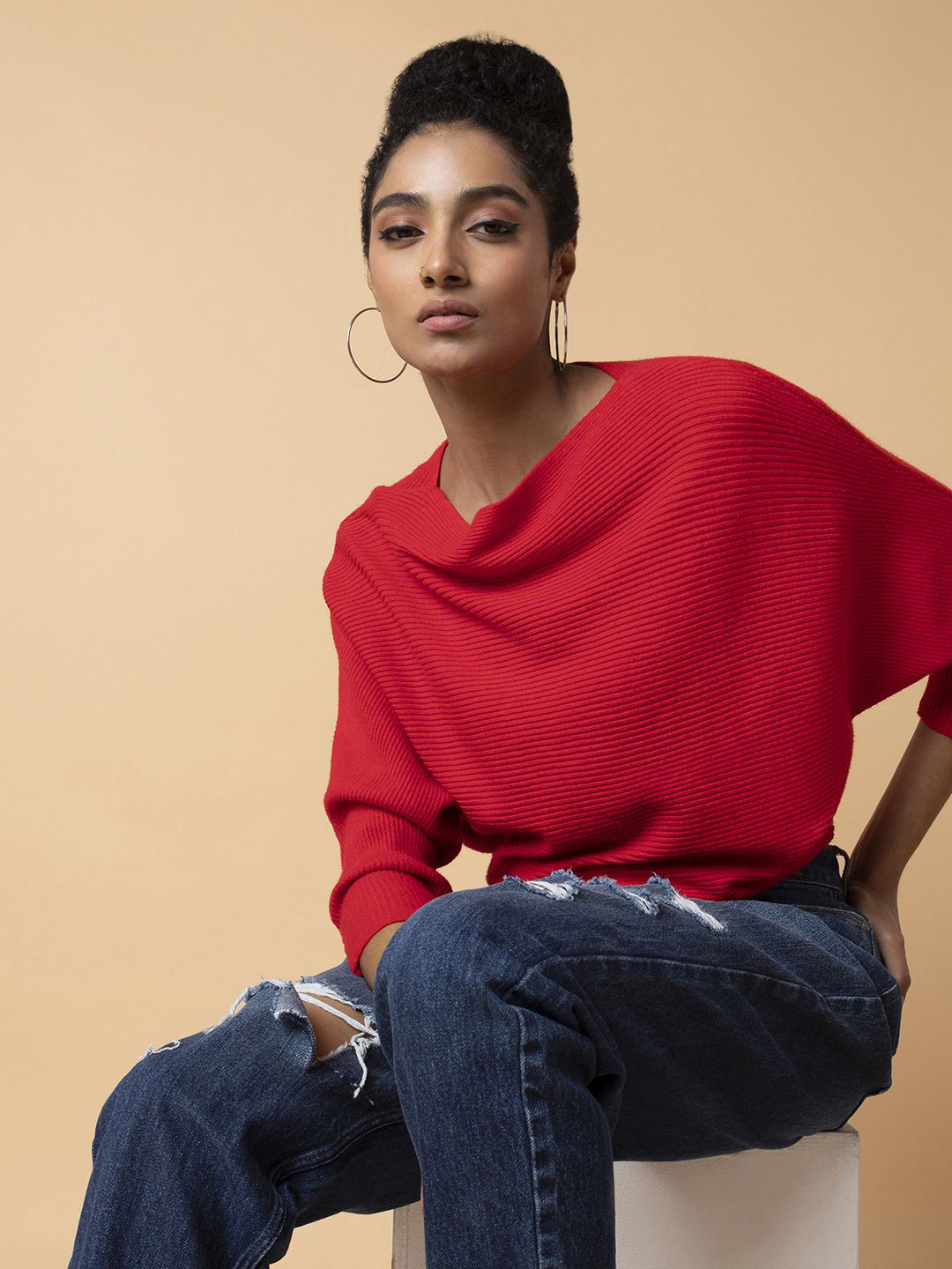 

SHOWOFF Women Solid Knits Cowl Neck Acrylic Top, Red