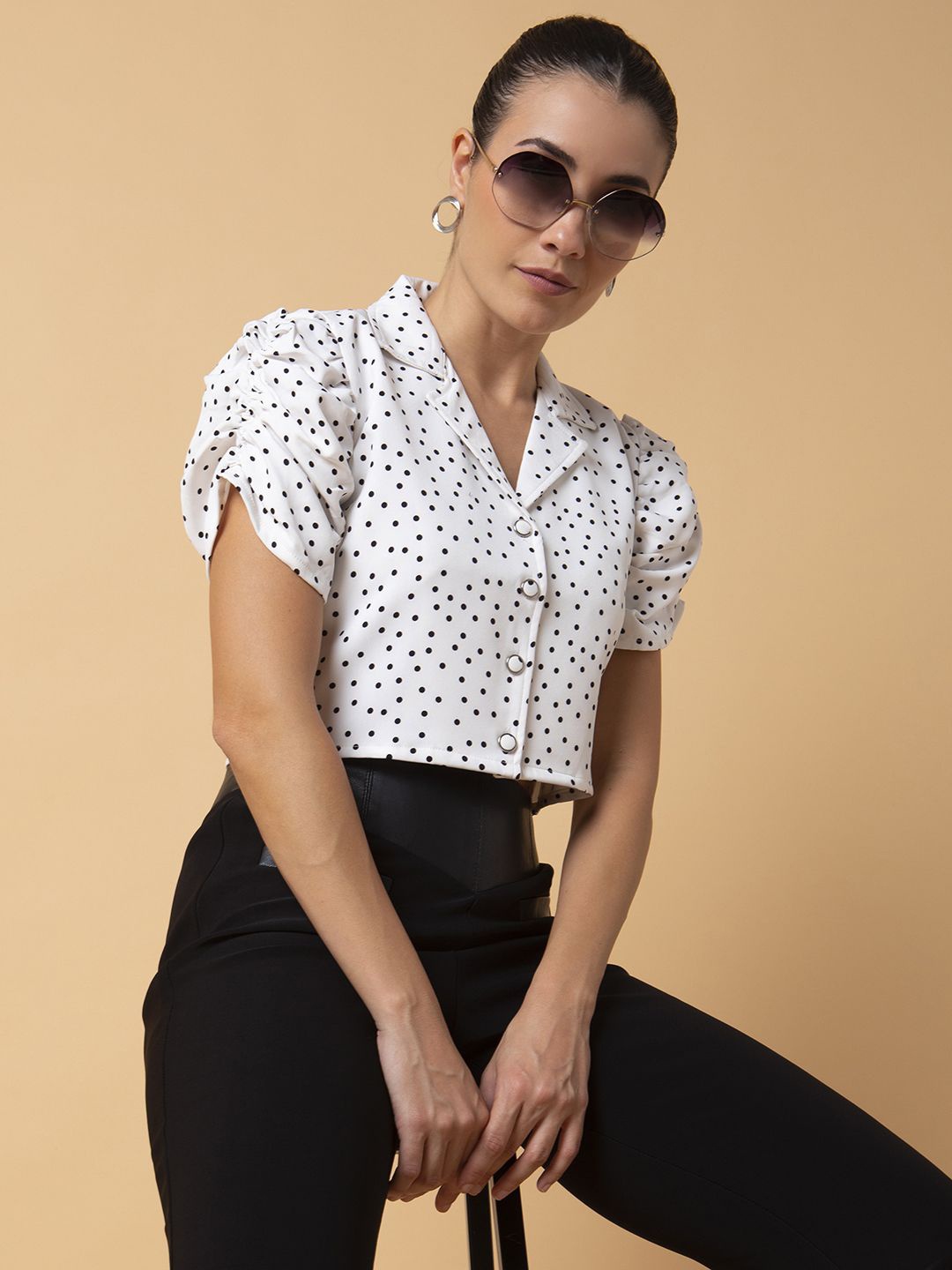 

SHOWOFF Women Polka Dots Printed Lapel Collar Cotton Top, White